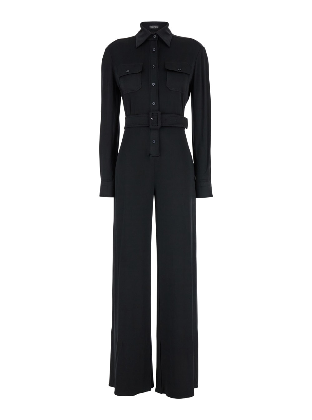 Shop Tom Ford Black Jumpsuit With Buttons And Adjustable Belt In Stretch Satin Woman