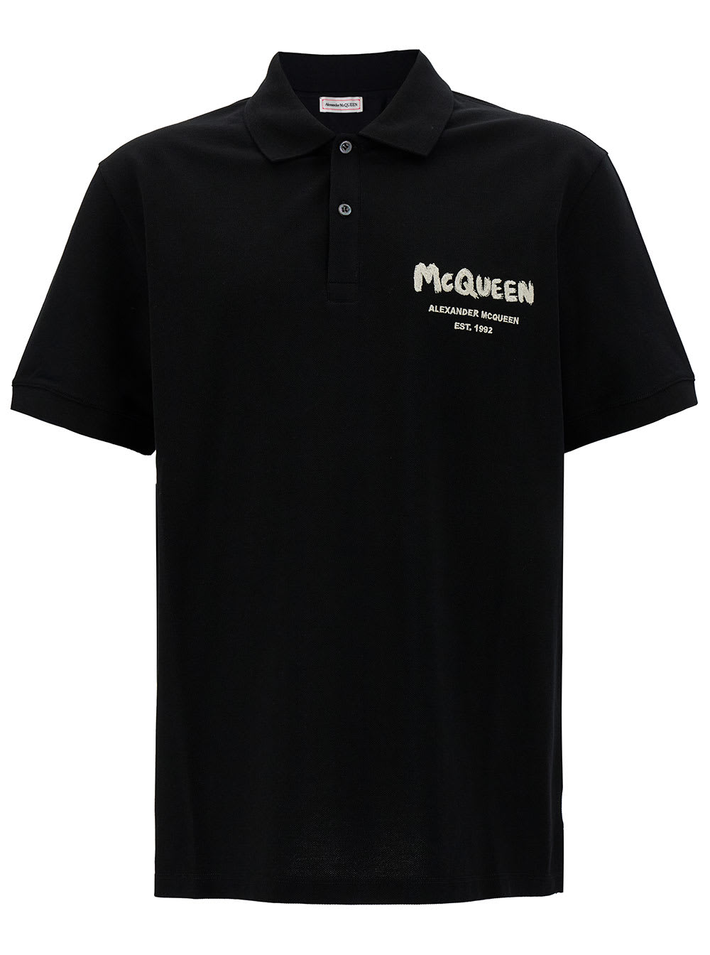 Shop Alexander Mcqueen Black Polo Shirt With Graffiti Logo Print In Cotton Man