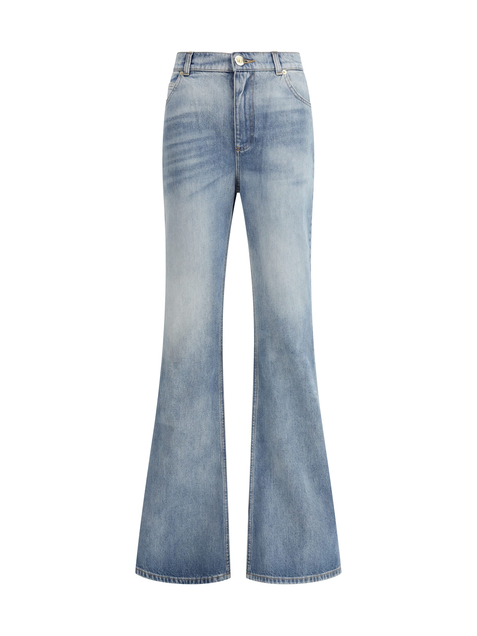 Balmain Flared Cotton Jeans Distressed Finish In Blue