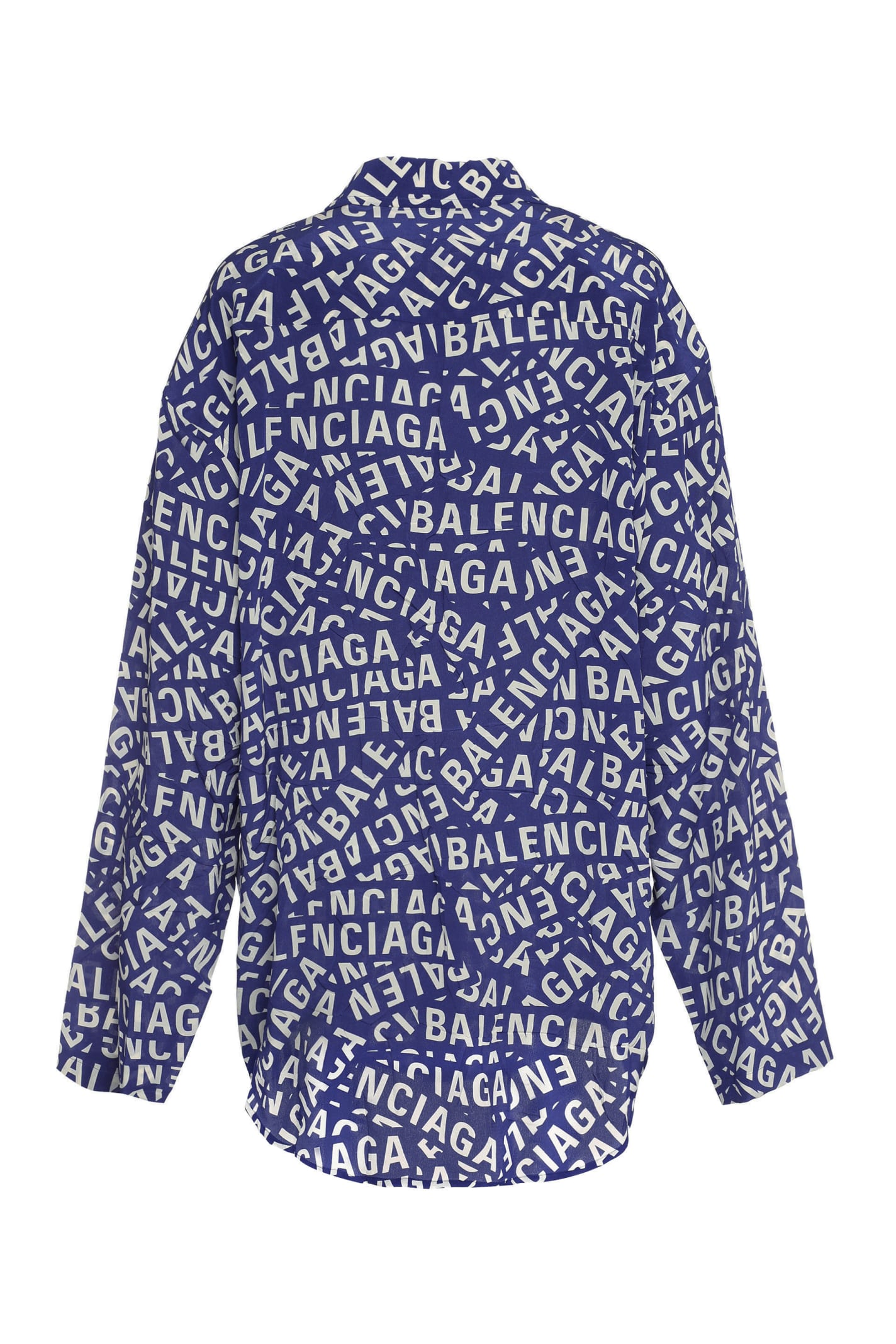Shop Balenciaga Printed Silk Pajama Blouse In Blue
