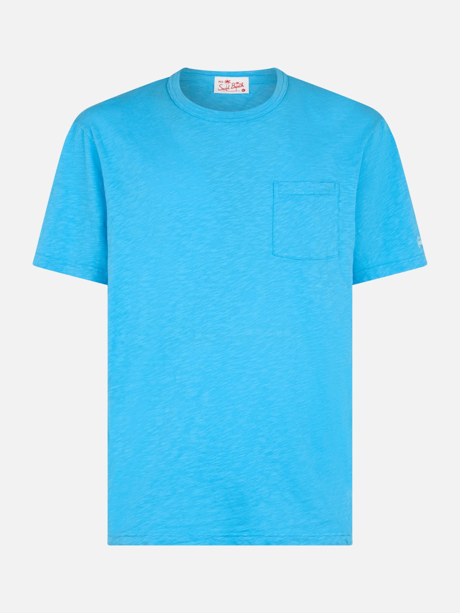Mc2 Saint Barth Man Bluette Flamed Cotton T-shirt President With Embroidery In Sky