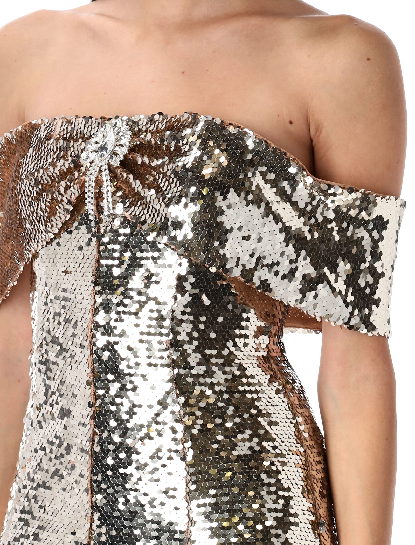 Shop Self-portrait Gold Sequin Off Shoulder Mini Dress