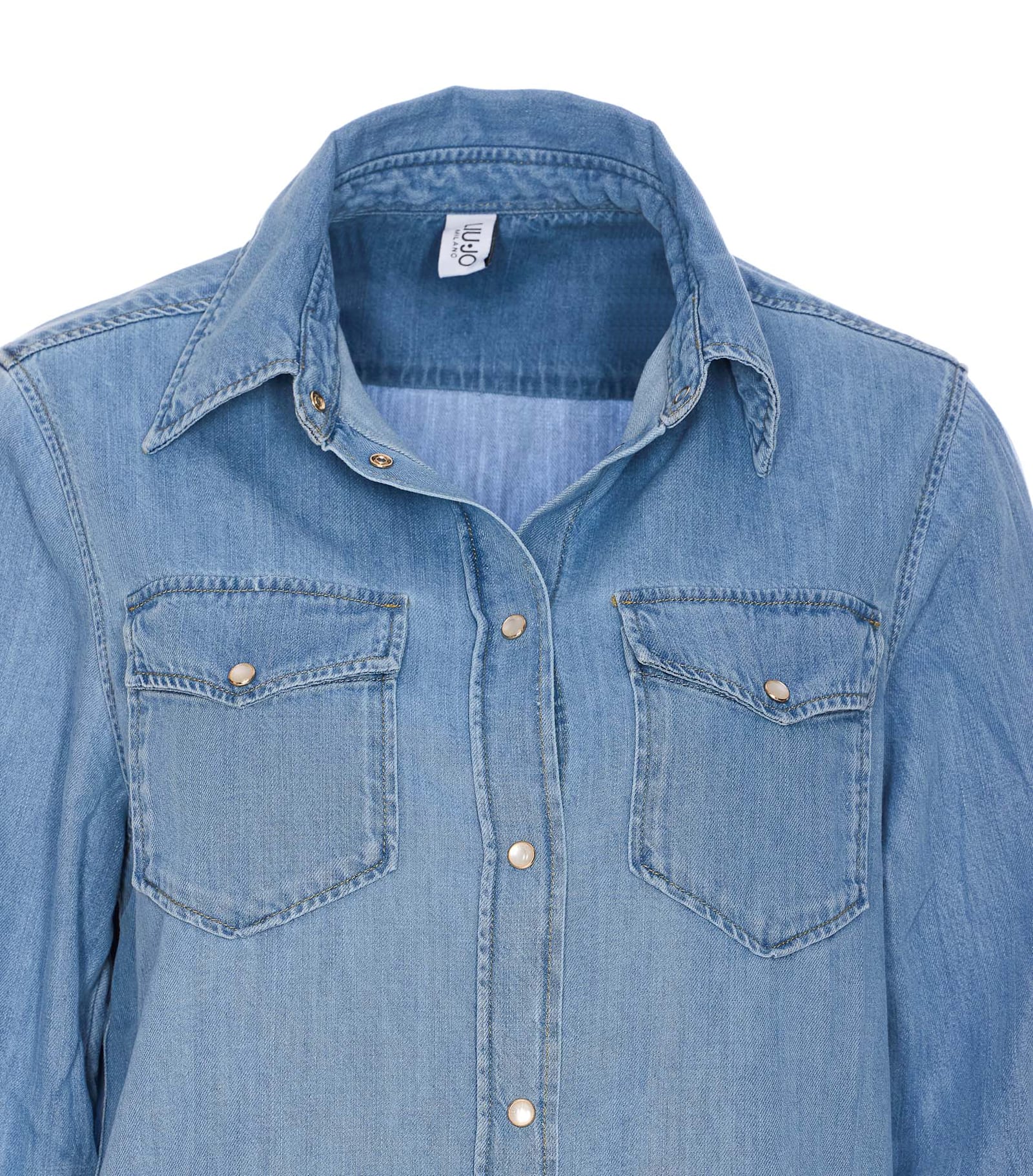 Liu •jo Liu Jo Kent Collar Denim Shirt With Rhinestone Applications In Blue