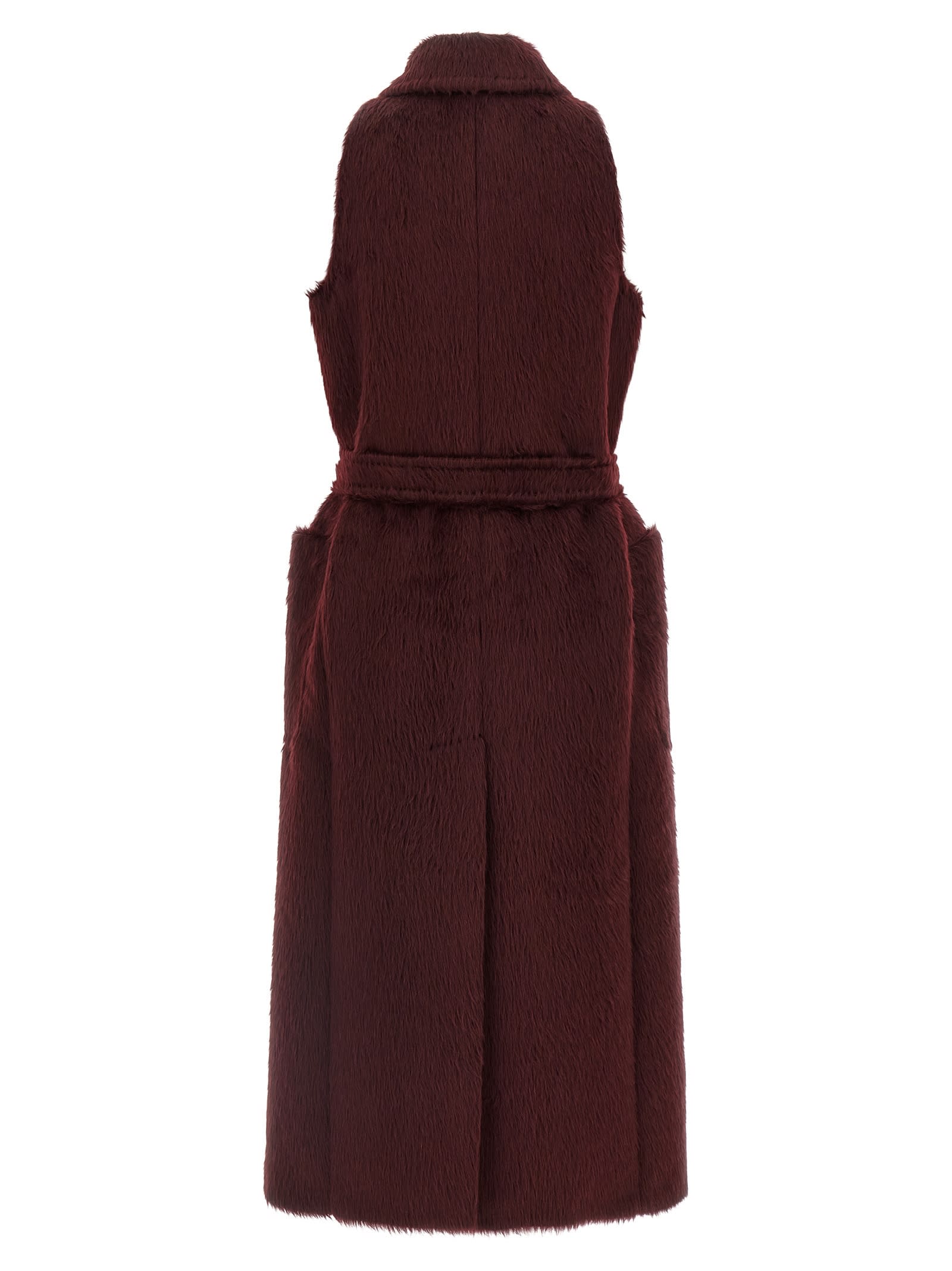Max Mara Sleeveless Coat With Belted Waist And Pockets In Burgundy