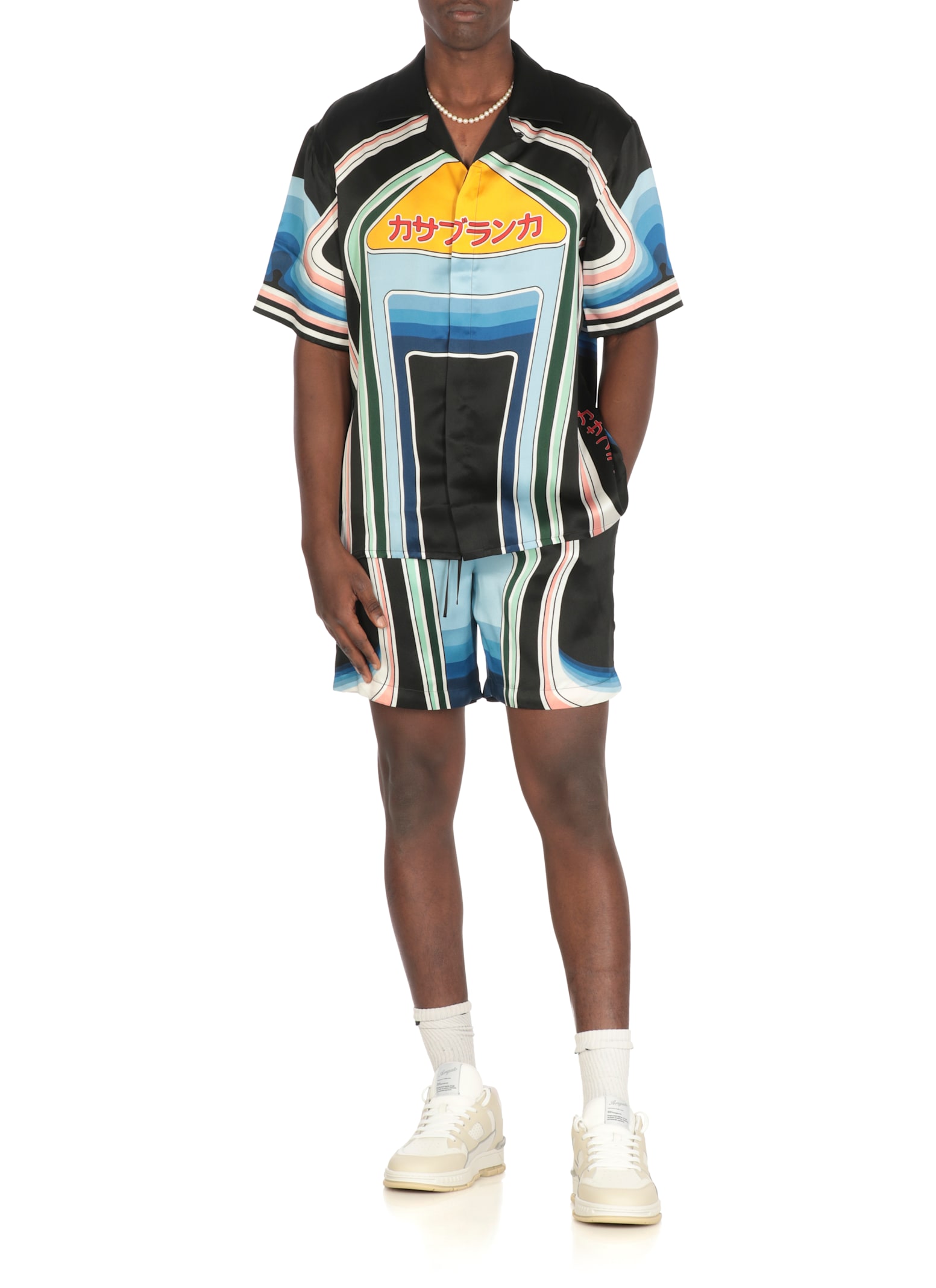 Casablanca Graphic Mountain Straight-leg Logo-print Silk-twill Drawstring Shorts In Black