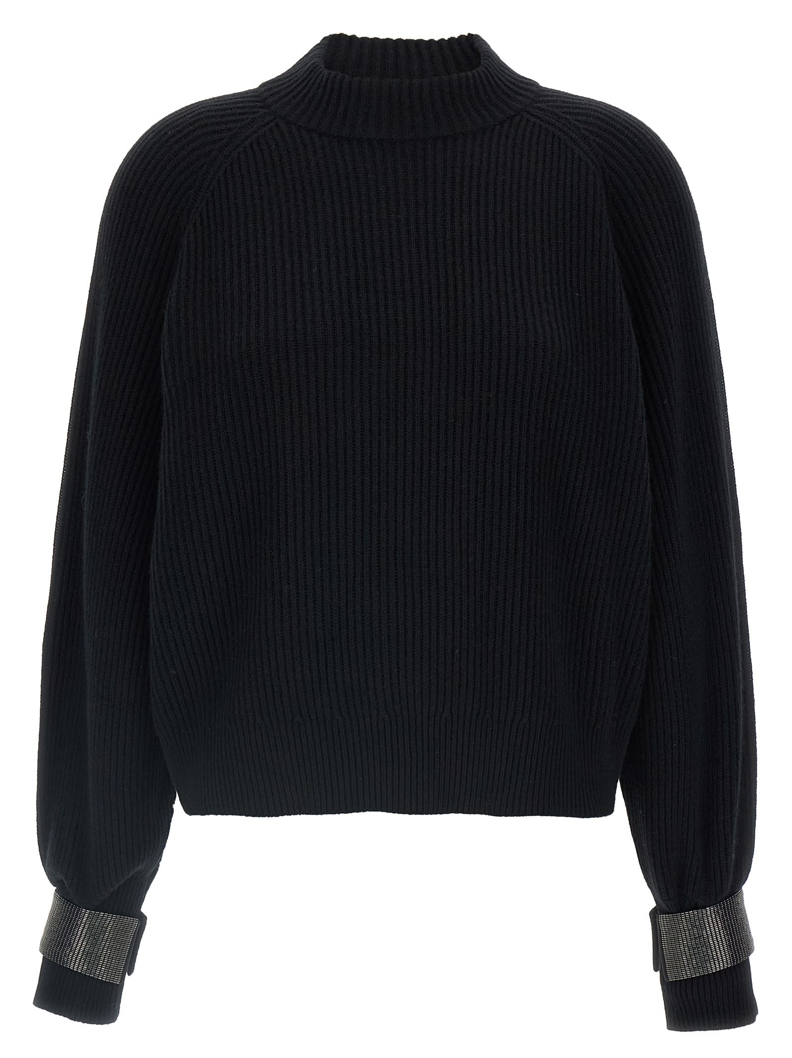 Brunello Cucinelli Ribbed High Neck Sweater With Cuffed Sleeves In Blue