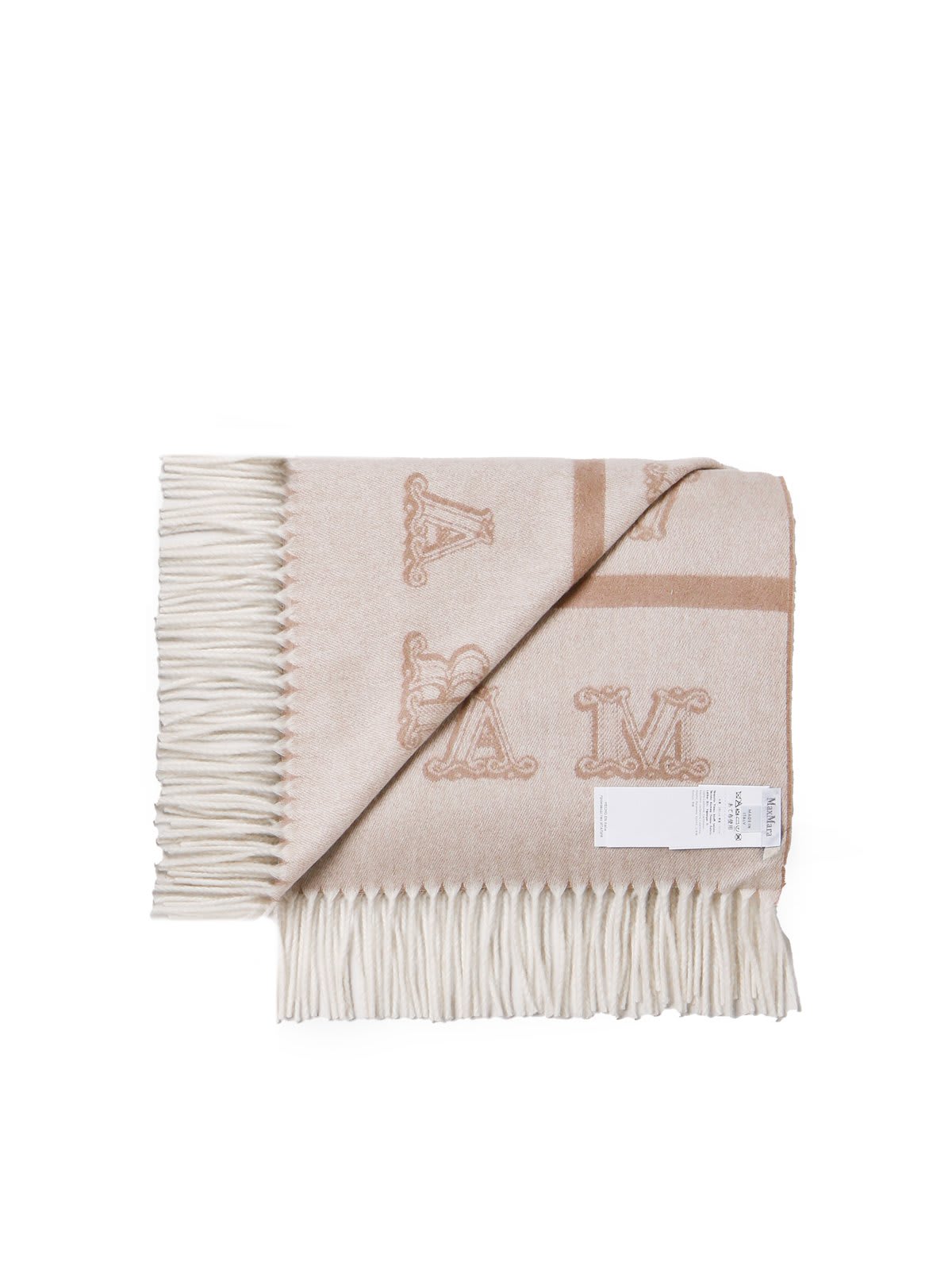 Shop Max Mara Logo Patch Fringed Edge Scarf In Beige