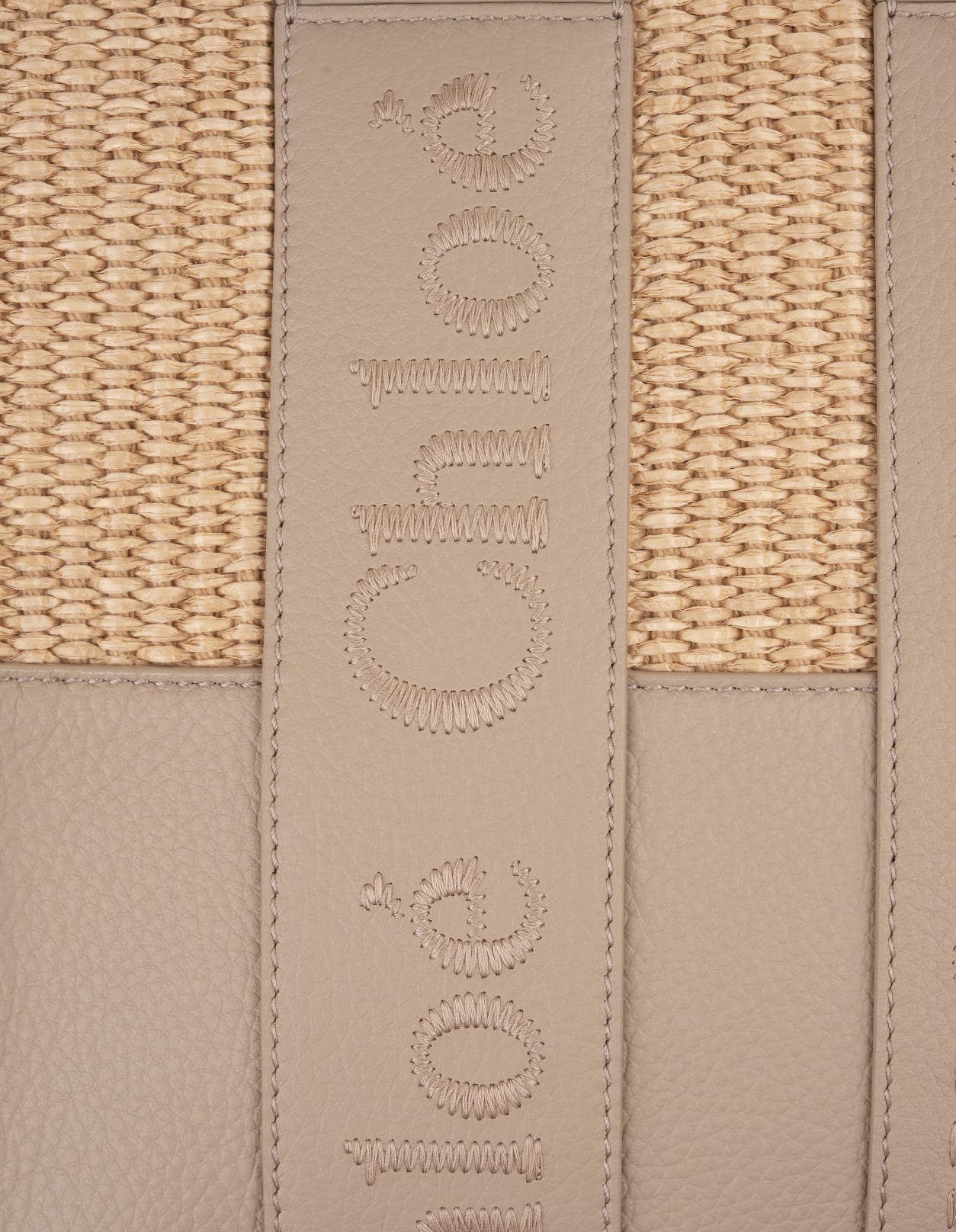 Shop Chloé Woody Small Tote Bag In Leather And Raffia With Embroidered Logo In Grey