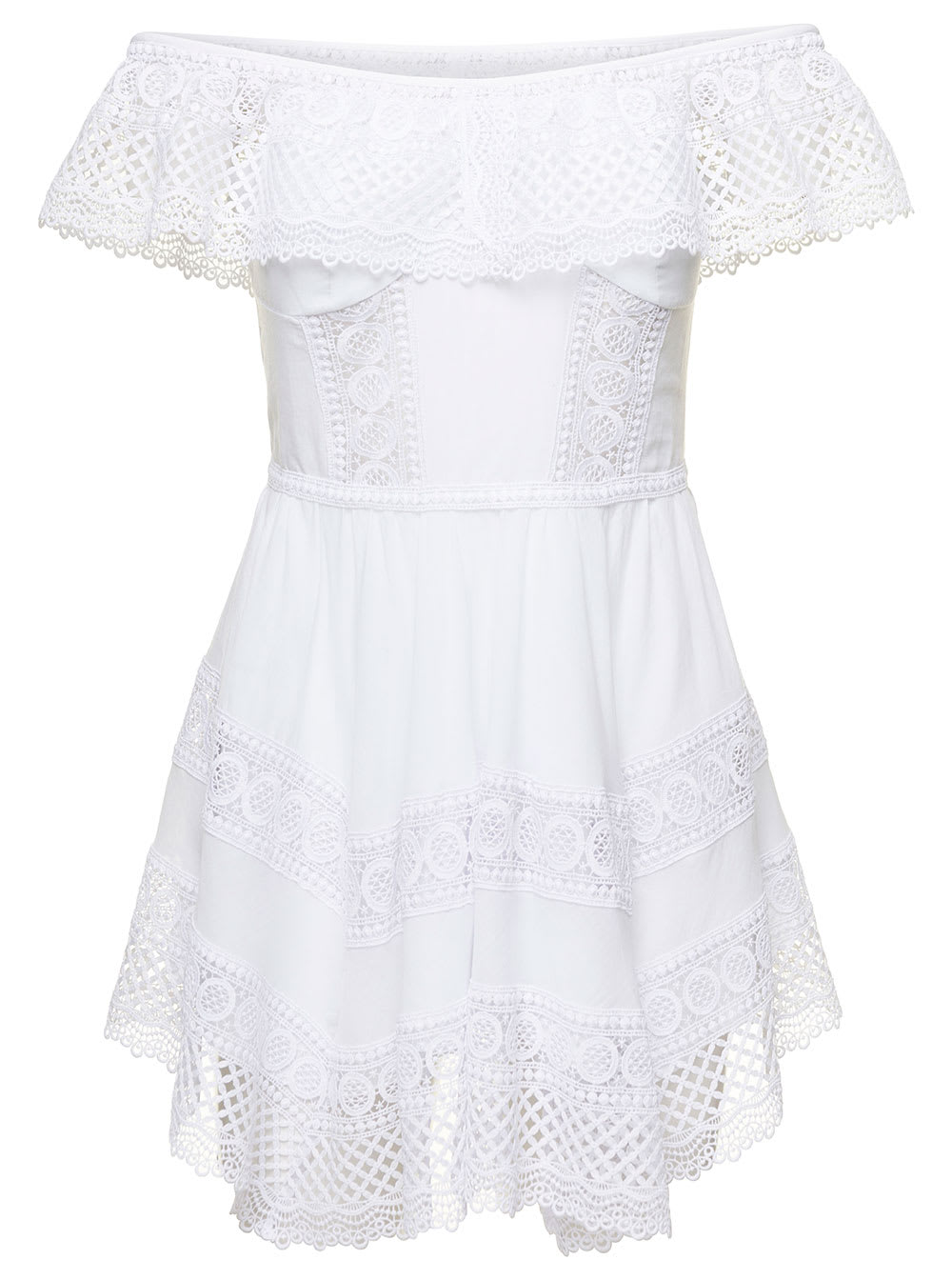 CHARO RUIZ VAIANA MINI WHITE DRESS WITH FITTED BODICE AND GUIPURE FRILLS IN COTTON WOMAN