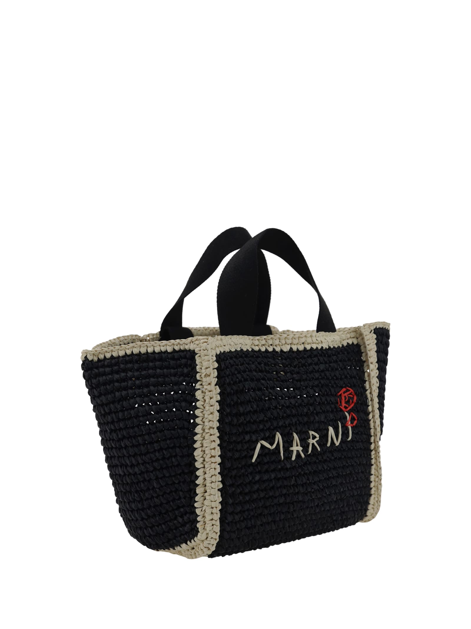 Shop Marni Logo Detail Woven Tote In Black/ivory/black