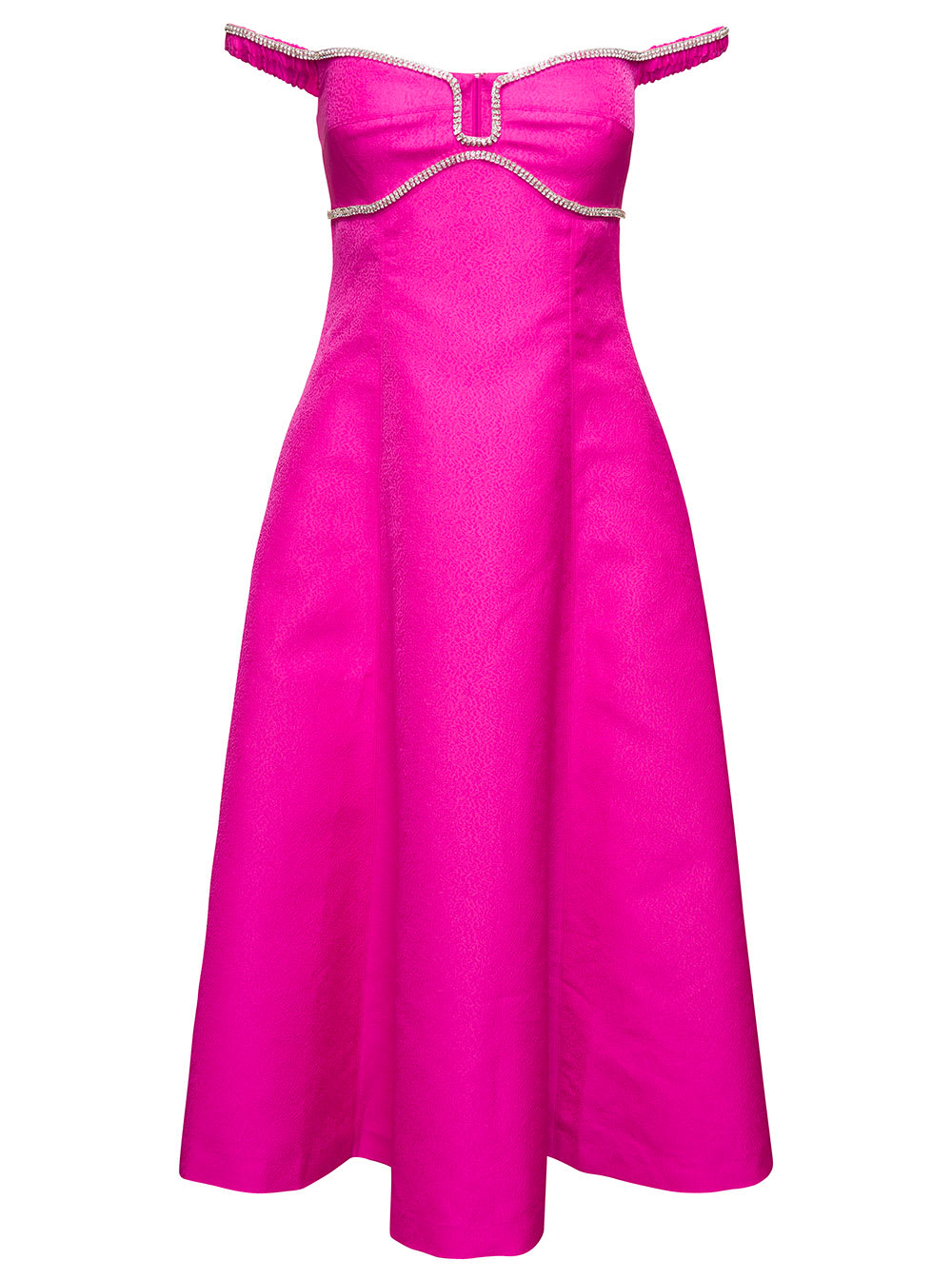 Shop Self-portrait Off-shoulder Flared Midi Dress With Crystal Embellished Detailing In Pink Satin Woman