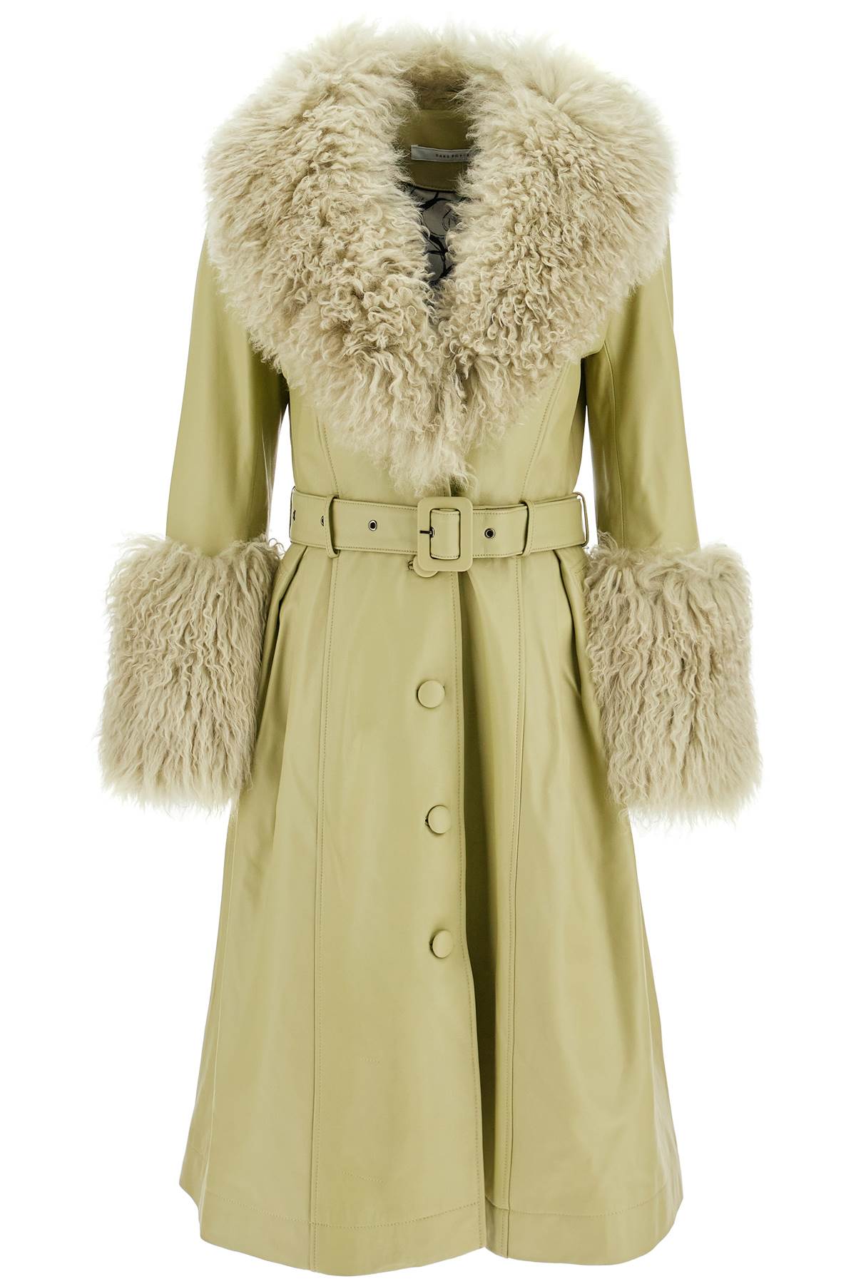 Shop Saks Potts Foxy Leather And Shearling Long Coat In Sage (green)