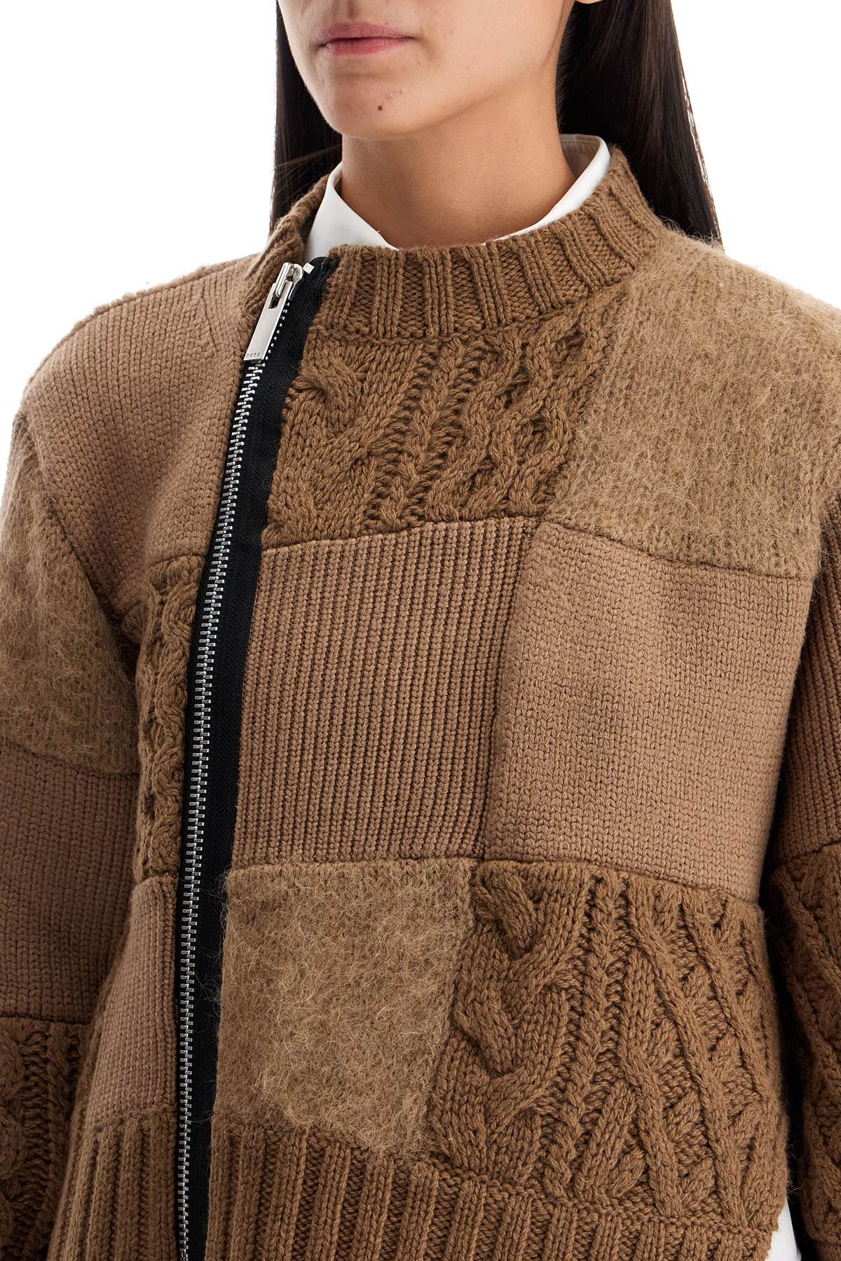 Shop Sacai Patchwork Zip-up Jersey Shirt In Beige (brown)