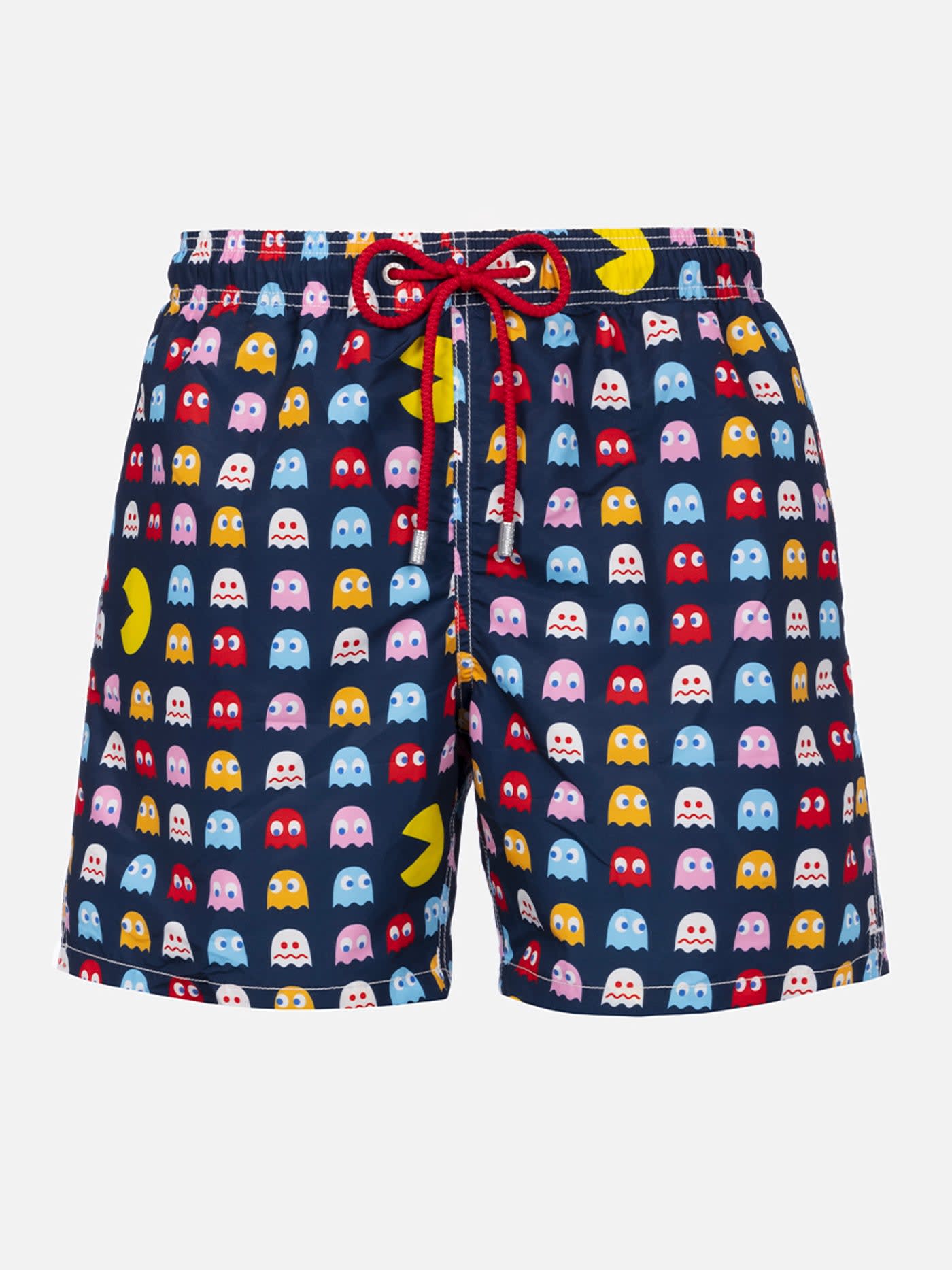 Shop Mc2 Saint Barth Man Mid-length Gustavia Swim-shorts With Pac-man Print Pac Man Special Edition In Blue