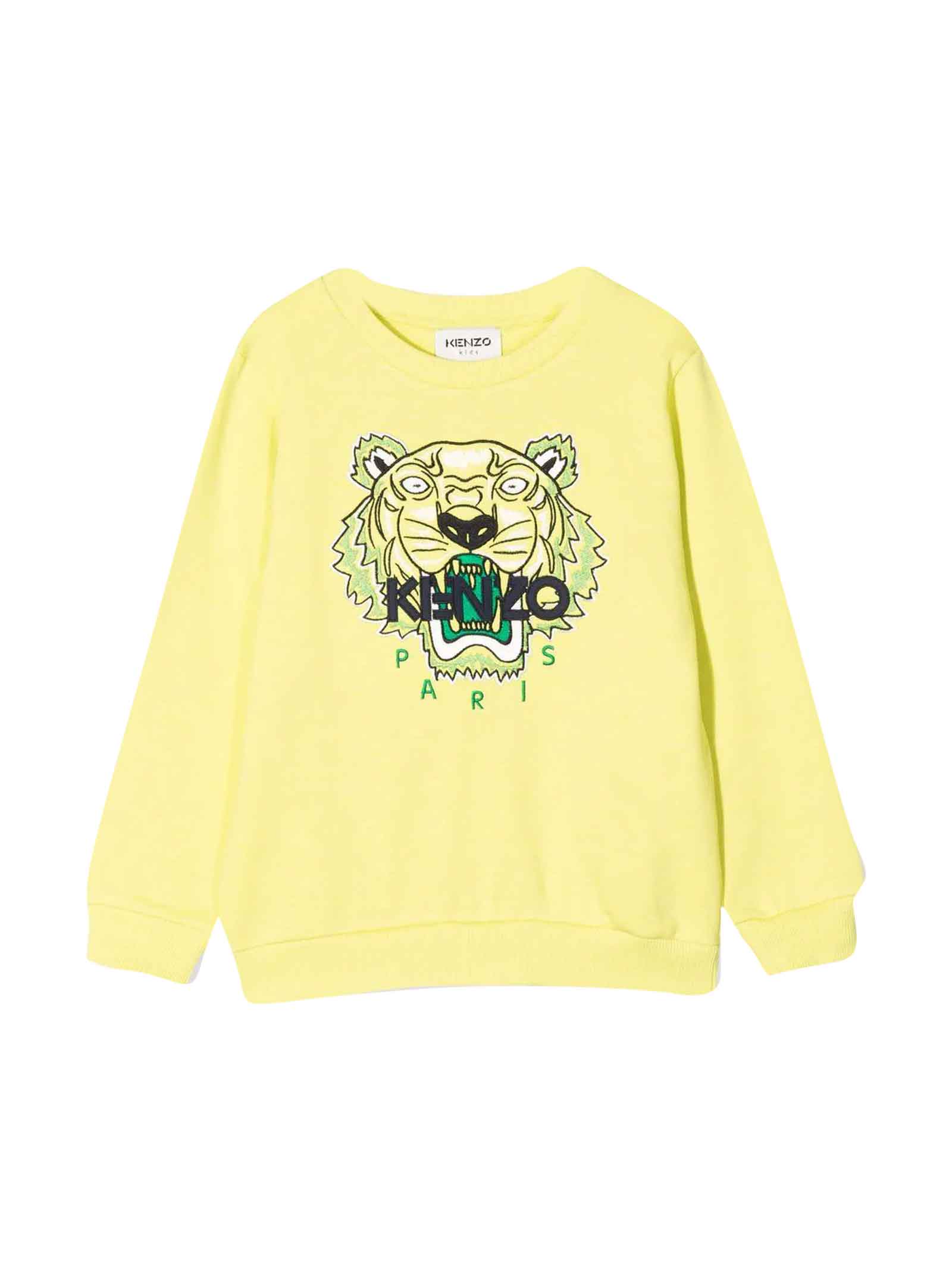 Kenzo Kids Yellow Unisex Sweatshirt With Tiger Head Embroidery With Front Logo, Ribbed Finish, Crew Neck, Long Sleeves And Straight Hem By.