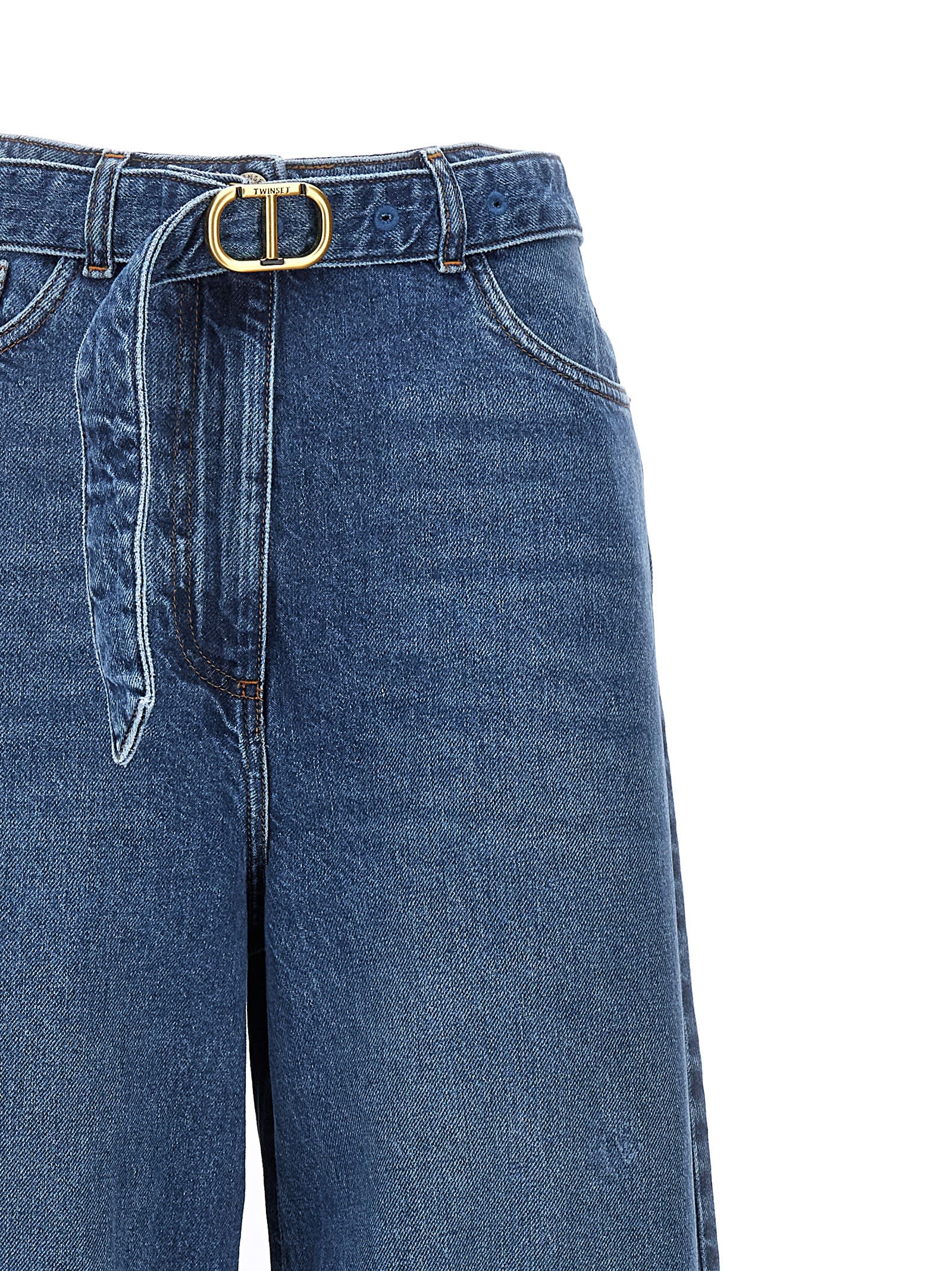 Shop Twinset Logo Buckle Jeans In Denim