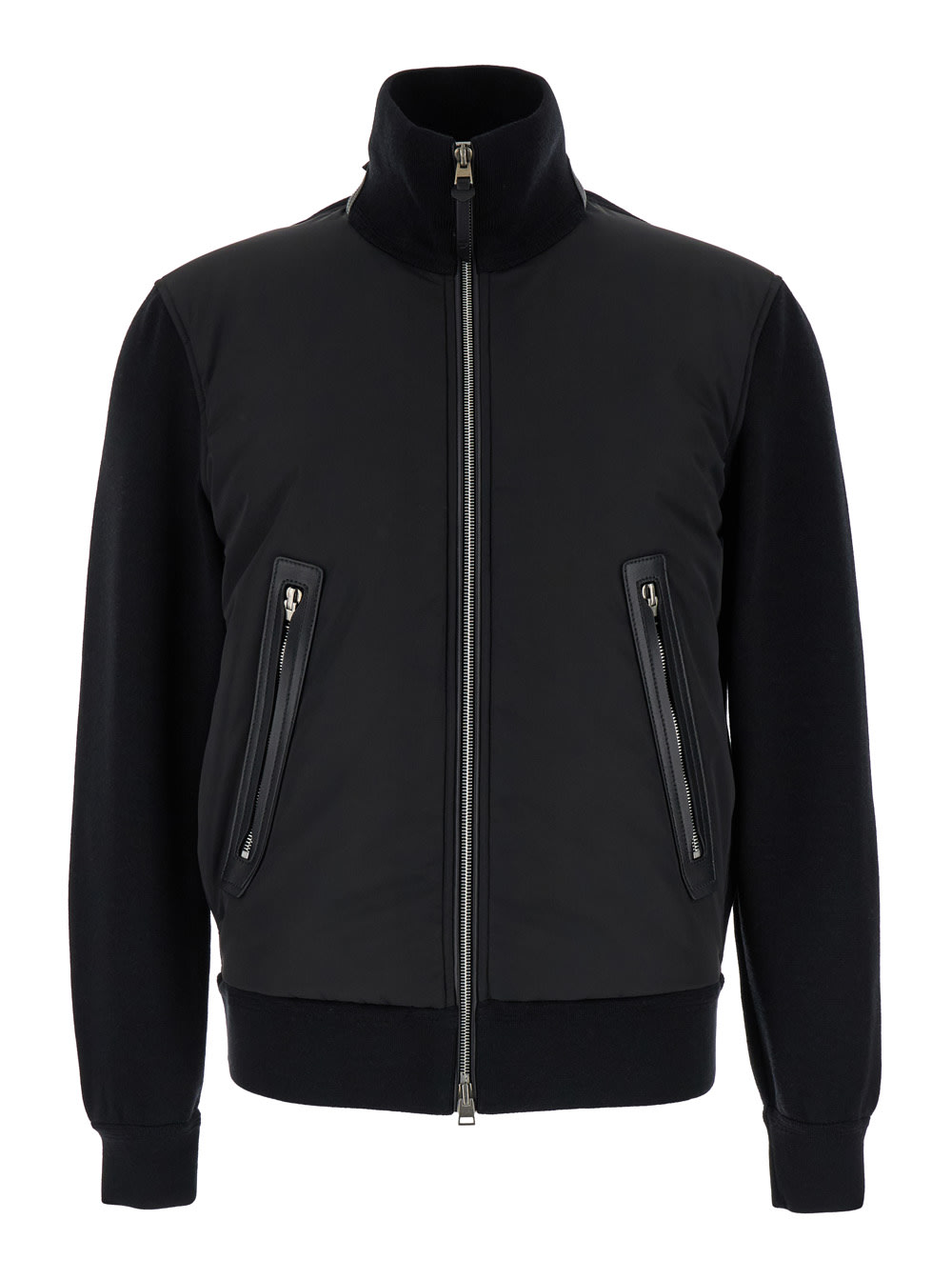 Shop Tom Ford Black Jacket With High Neck And Zip In Knit And Nylon Man