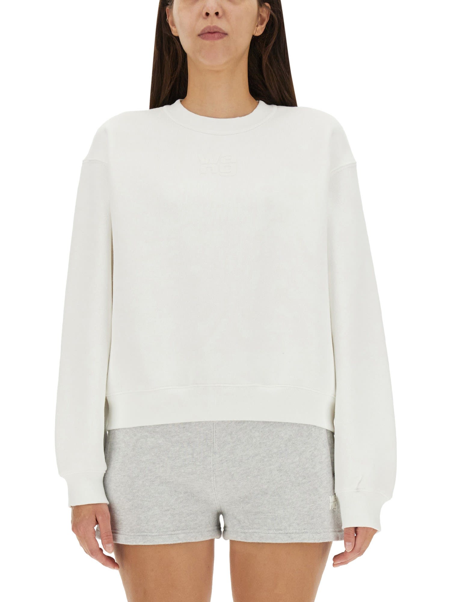 Alexander Wang T Essential Cotton Blend Fleece Logo Sweateshirt In Bianco
