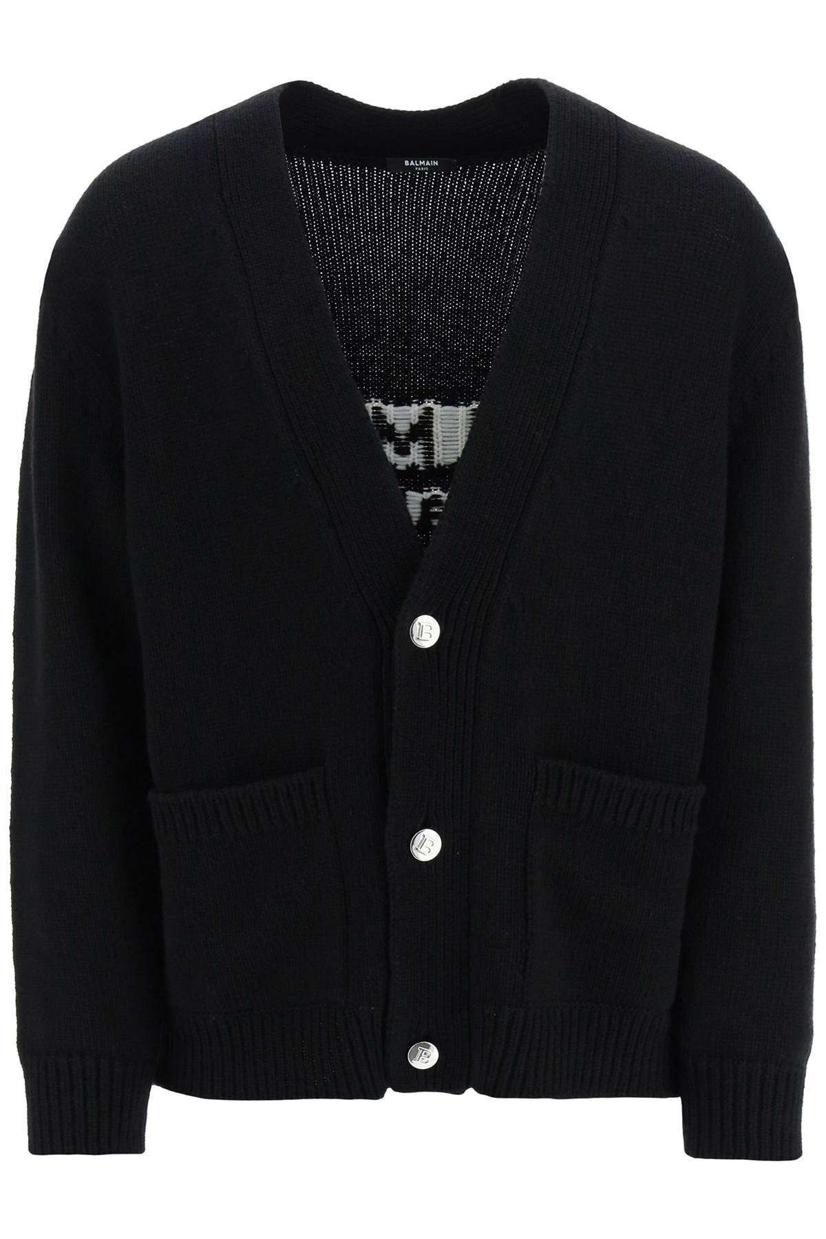 Shop Balmain Jacquard Cardigan With Back Logo In Noir Blanc (black)