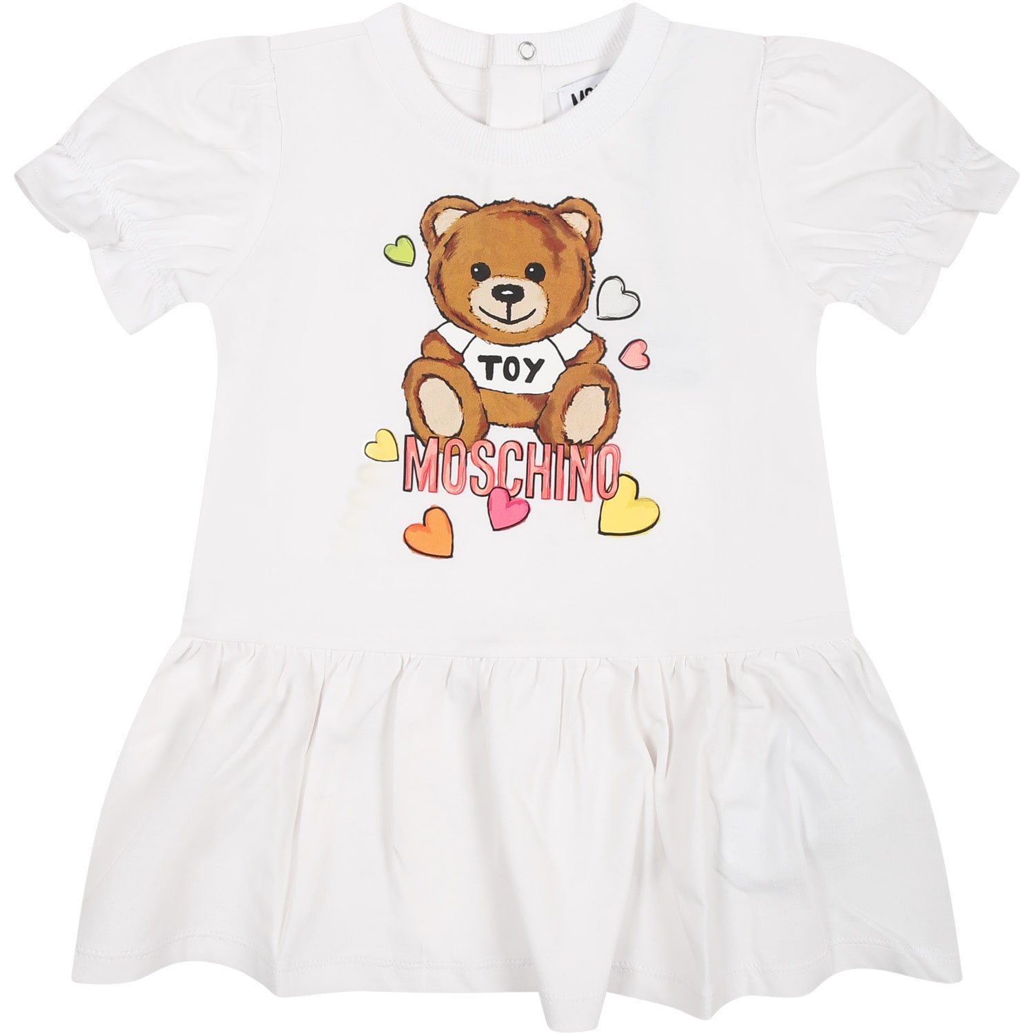 Moschino White Dress For Baby Girl With Teddy Bear Print
