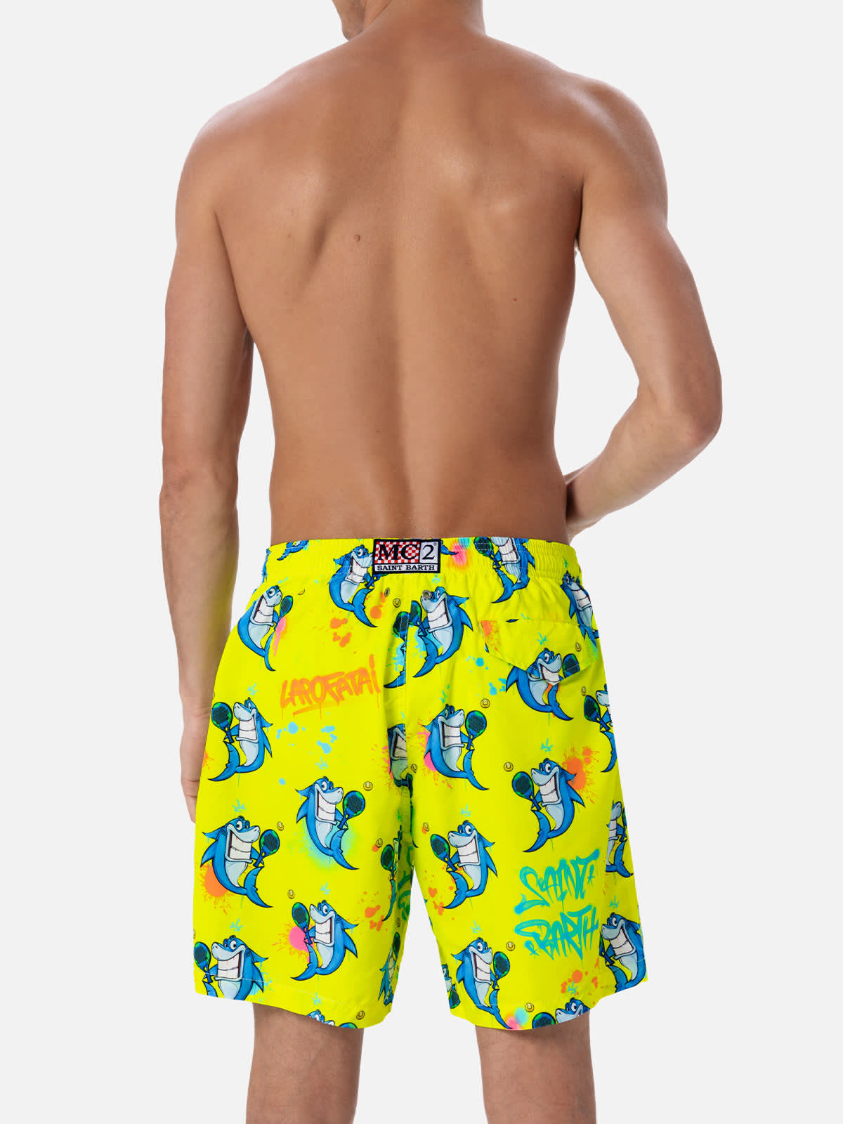 Mc2 Saint Barth Man Lightweight Fabric Swim-shorts Lighting With Cryptopuppets Print Cryptopuppets Special Edition In Fluo