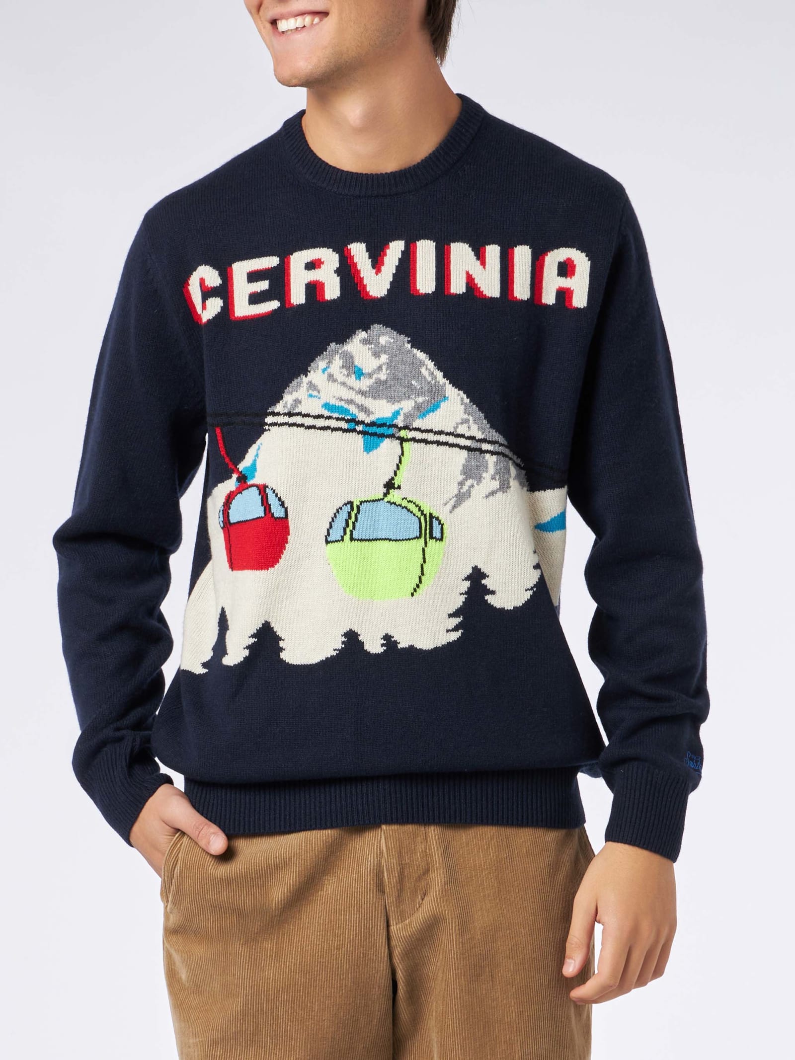 Shop Mc2 Saint Barth Man Crewneck Sweater With Cervinia Postcard Jacquard Print In Blue