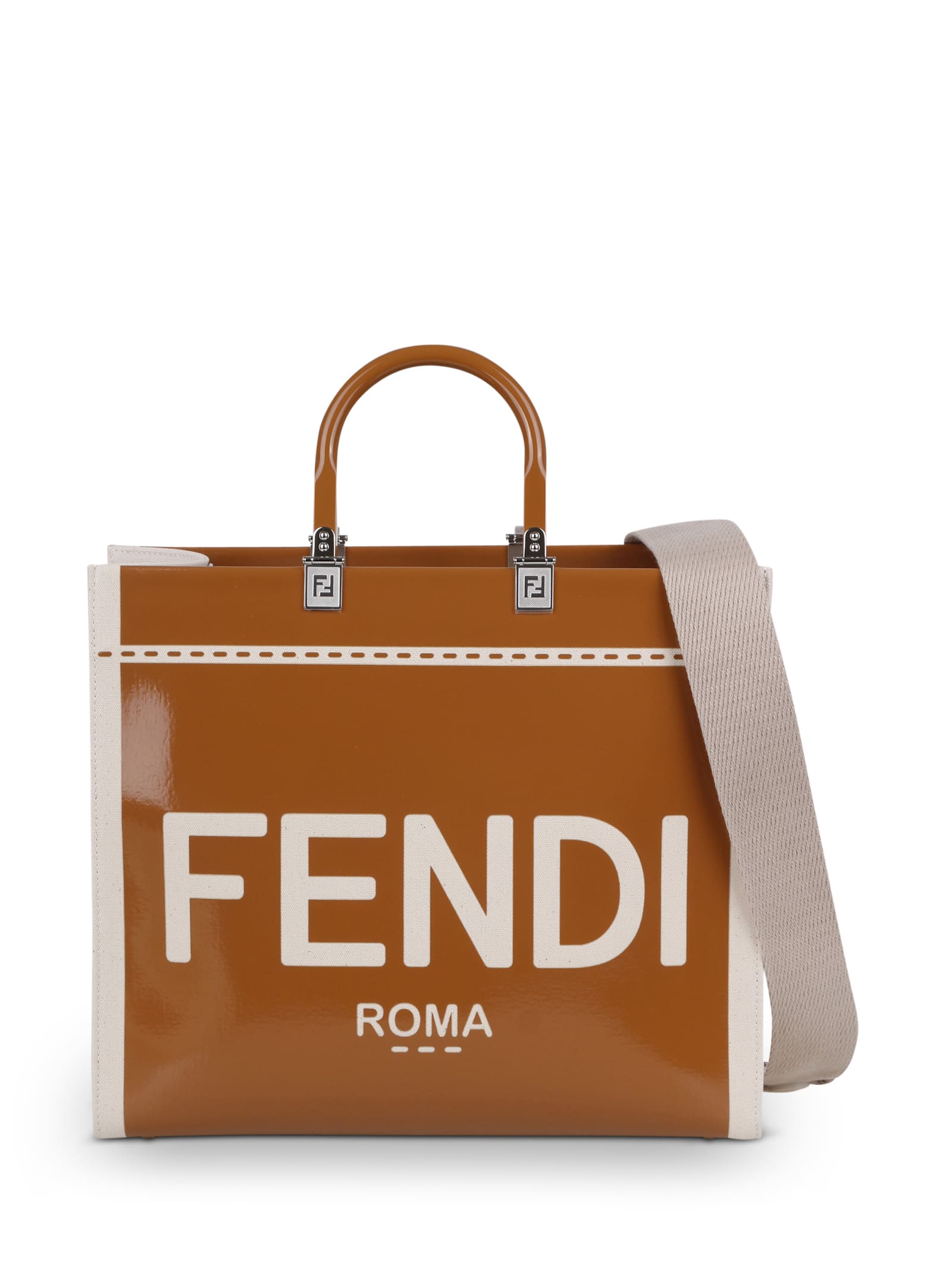 FENDI Roma Coated Canvas Leather Crossbody Bag Brown