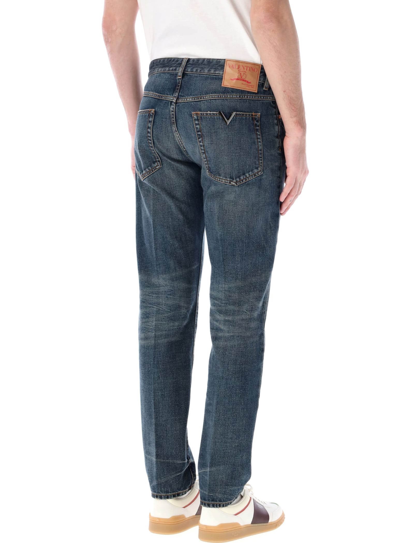 Shop Valentino Slim Denim Jeans In Dark Blue Wash