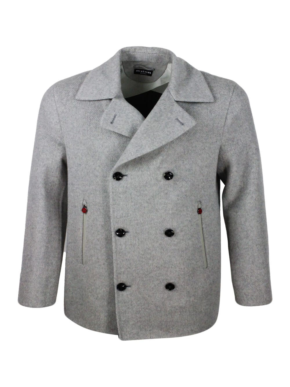 Shop Kiton Unlined Double-breasted Peacot Jacket In Pure And Soft Herringbone Cashmere And With Suede Finish In Grey