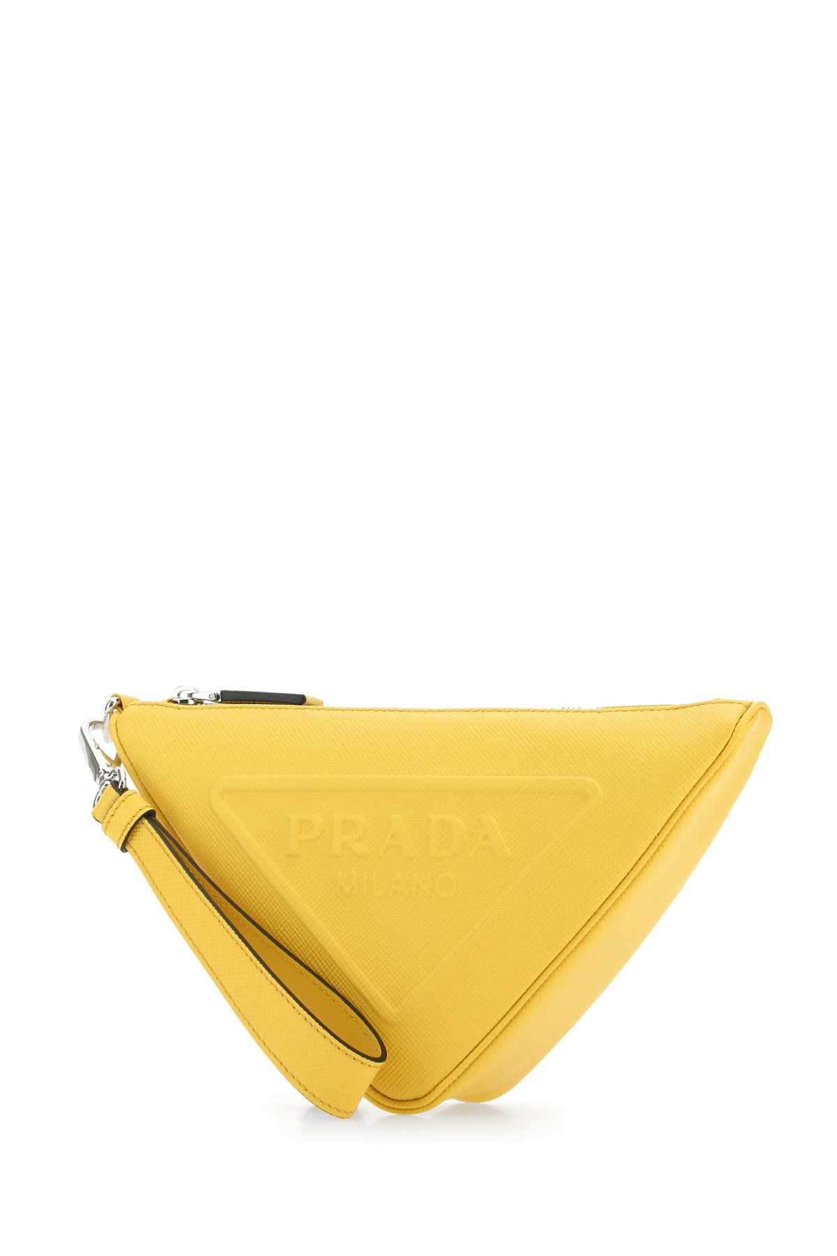 Shop Prada Yellow Leather Triangle Clutch In F0377