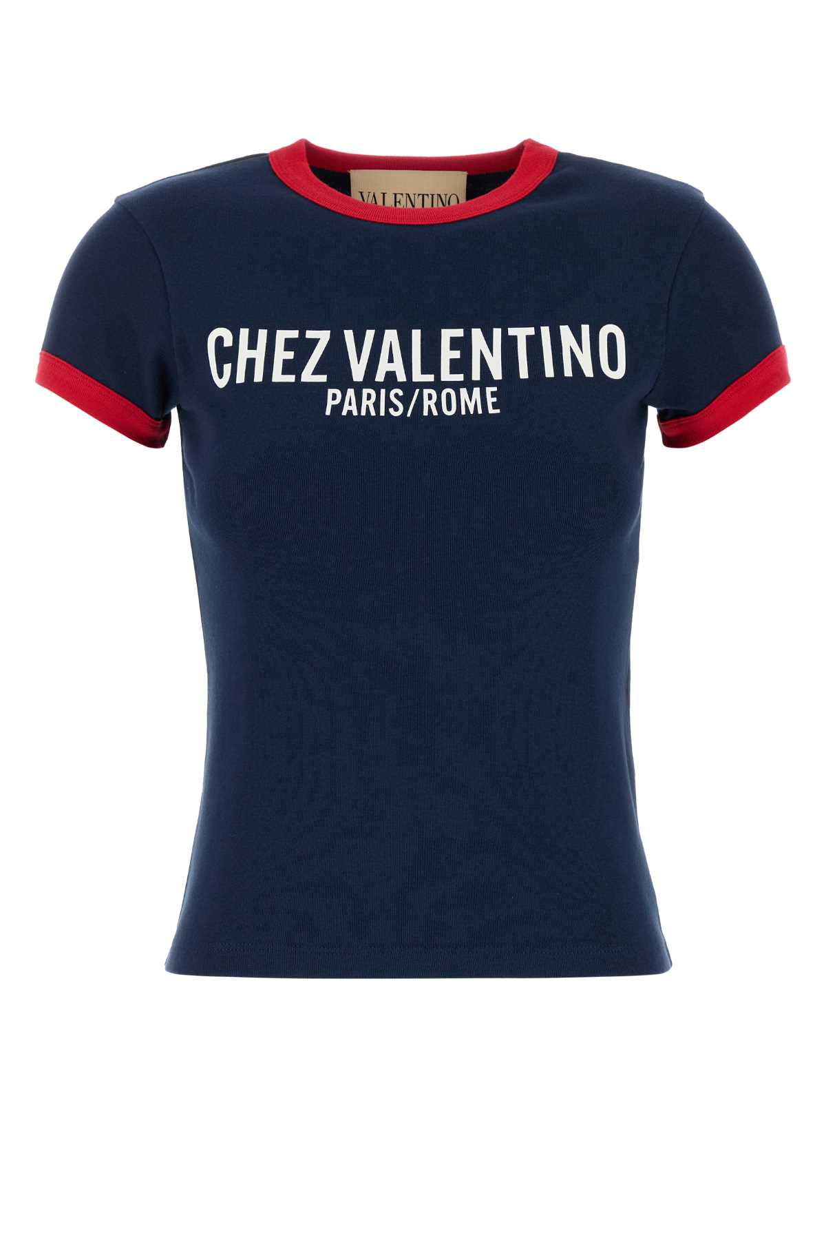 Valentino Crew Neck Cotton T-shirt With Contrast Trim In Blue