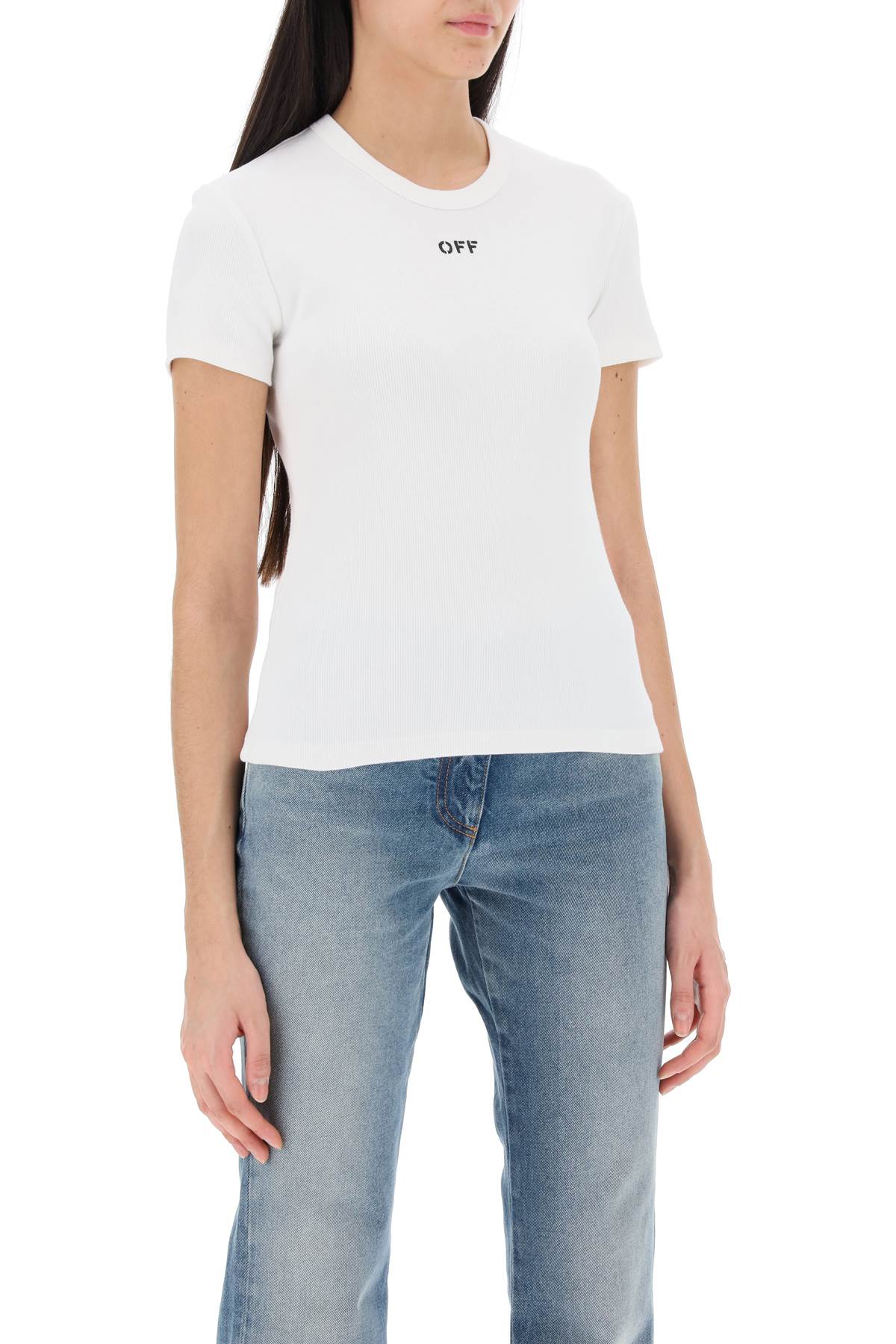 Shop Off-white Ribbed T-shirt With Off Embroidery In White/black