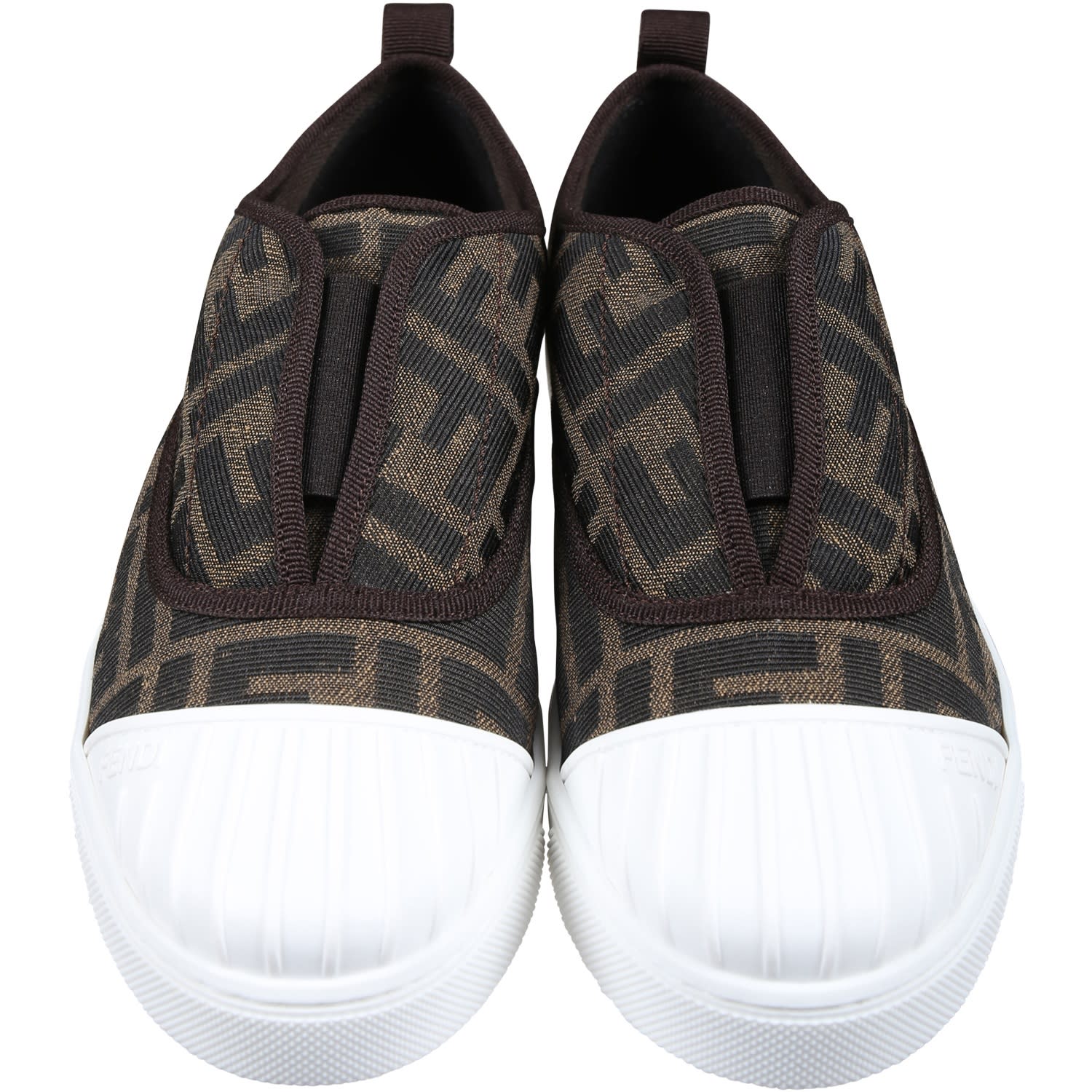 Shop Fendi Sneakers For Kids With All-over Ff Logo In Brown