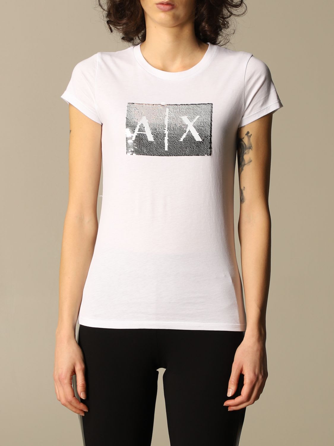 Armani Collezioni Armani Exchange T-shirt Half Sleeve Crewneck Sequin Logo Writing