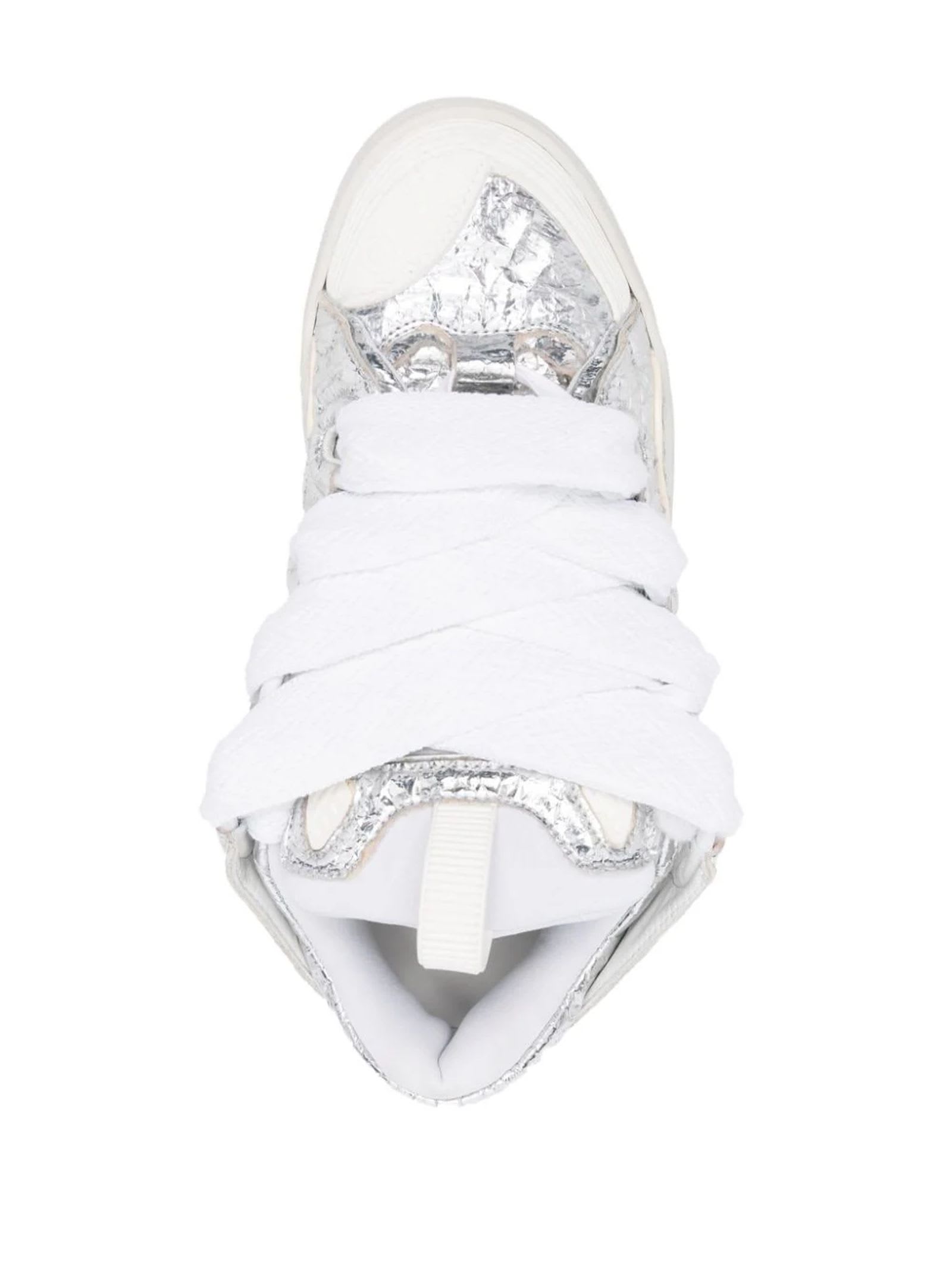Shop Lanvin Curb Sneakers In Crinkled Metallic Leather In Silver