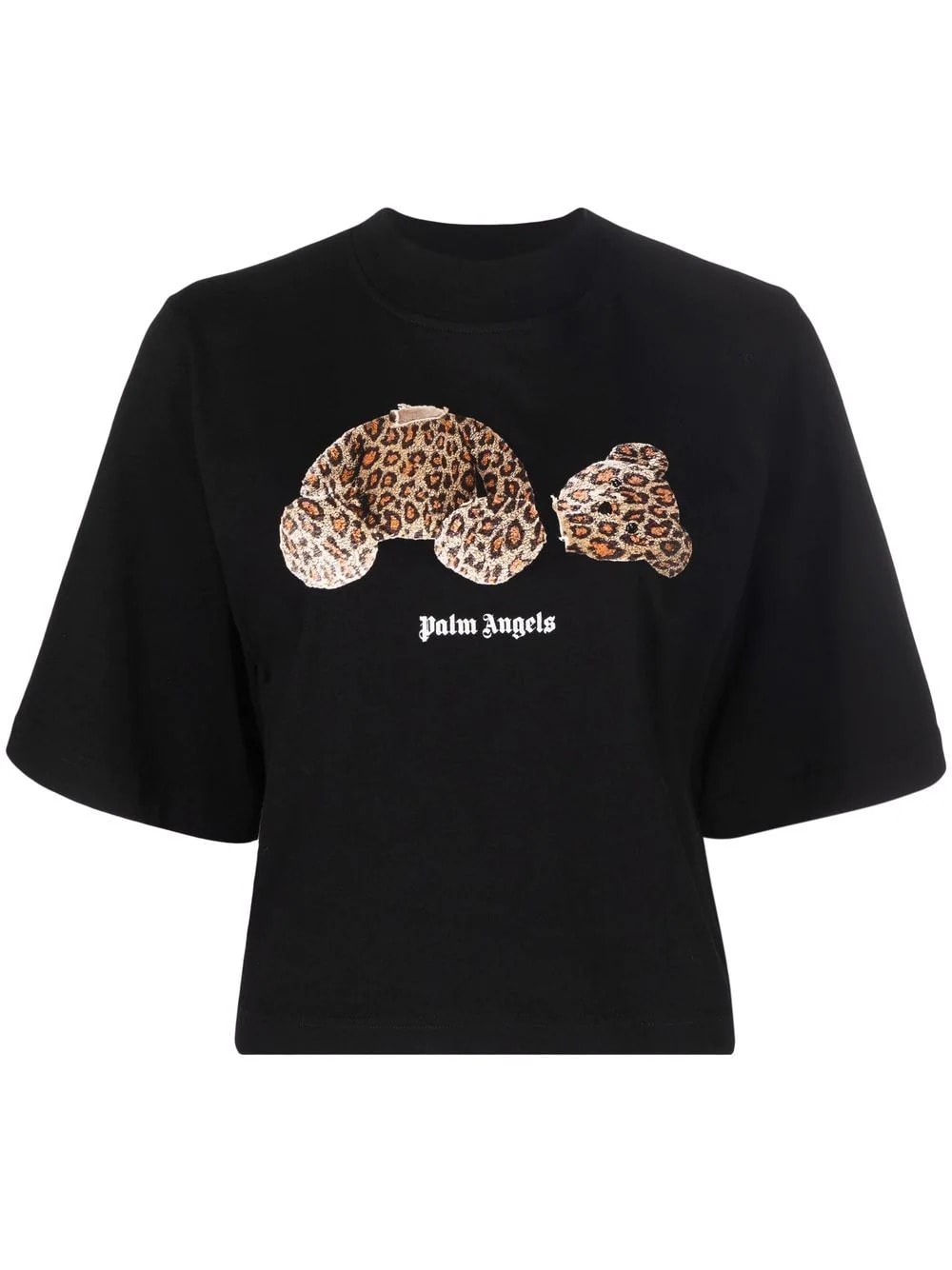 Palm Angels Woman Short Black T-shirt With Leopard Bear
