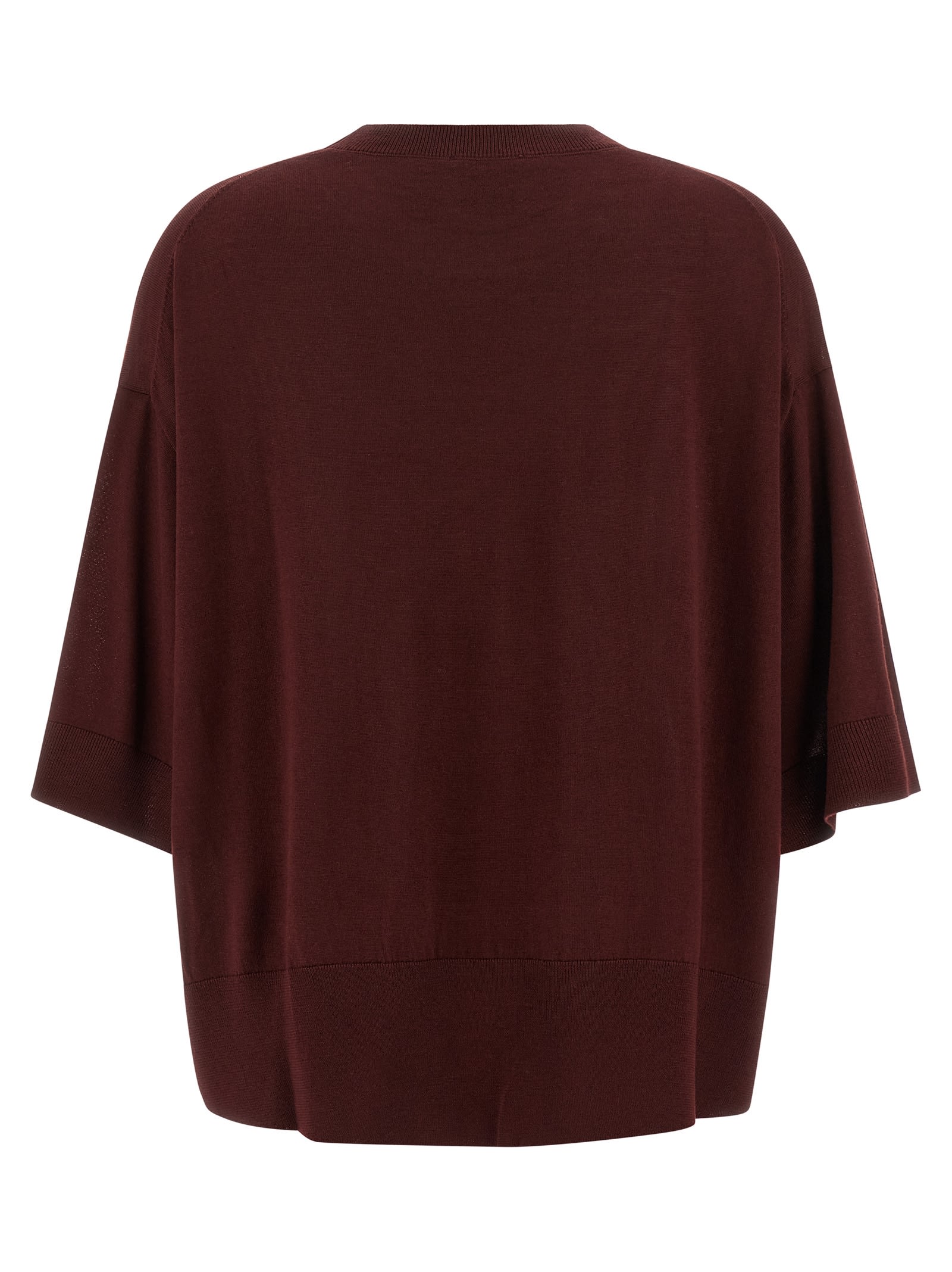 Nude Cropped Wool Sweater With Crew Neck And Asymmetrical Hem In Burgundy