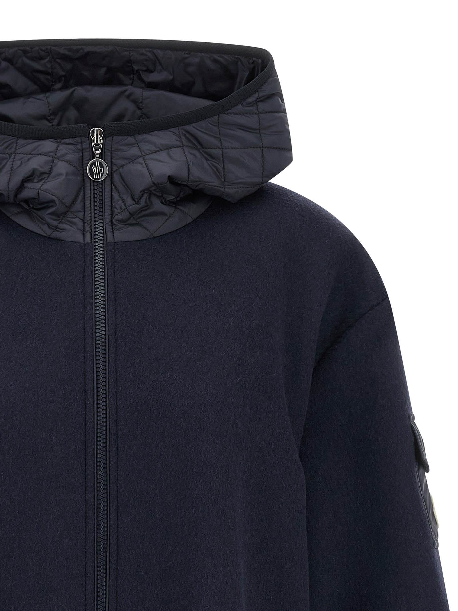 Moncler Wool Cape With Hood And Arm Patch In Blue
