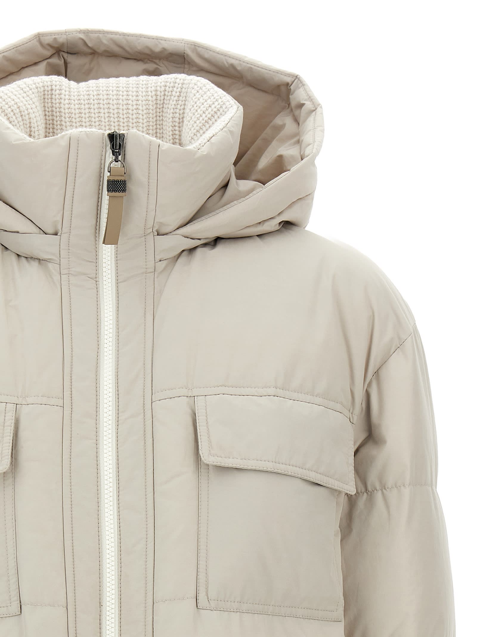 Brunello Cucinelli Knitted Neck Down Jacket Puffer Jackets Beige In White