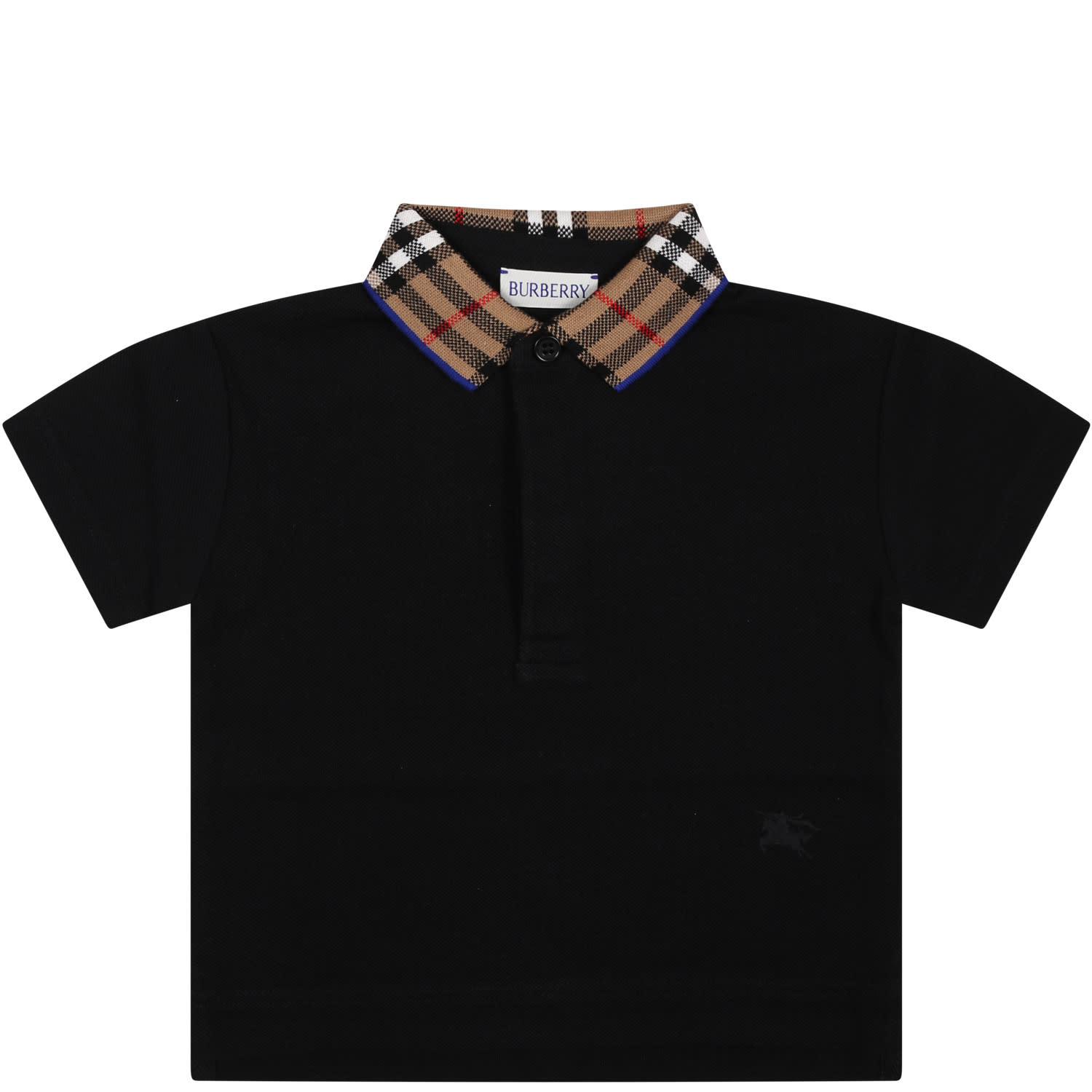 BURBERRY BLACK POLO SHIRT FOR BABY BOY WITH VINTAGE CHECK ON THE COLLAR