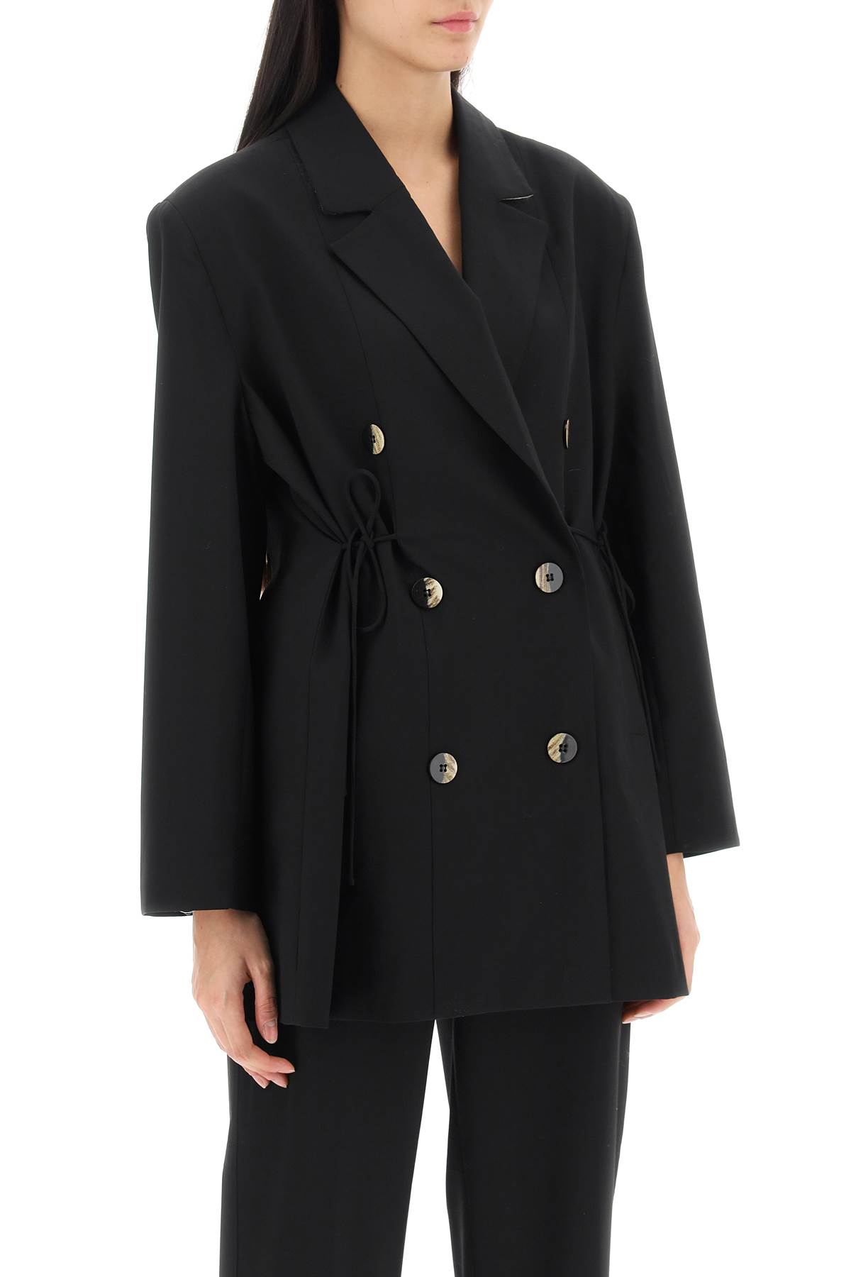 Shop Ganni Double-breasted Blazer With Self-tie Strings In Black