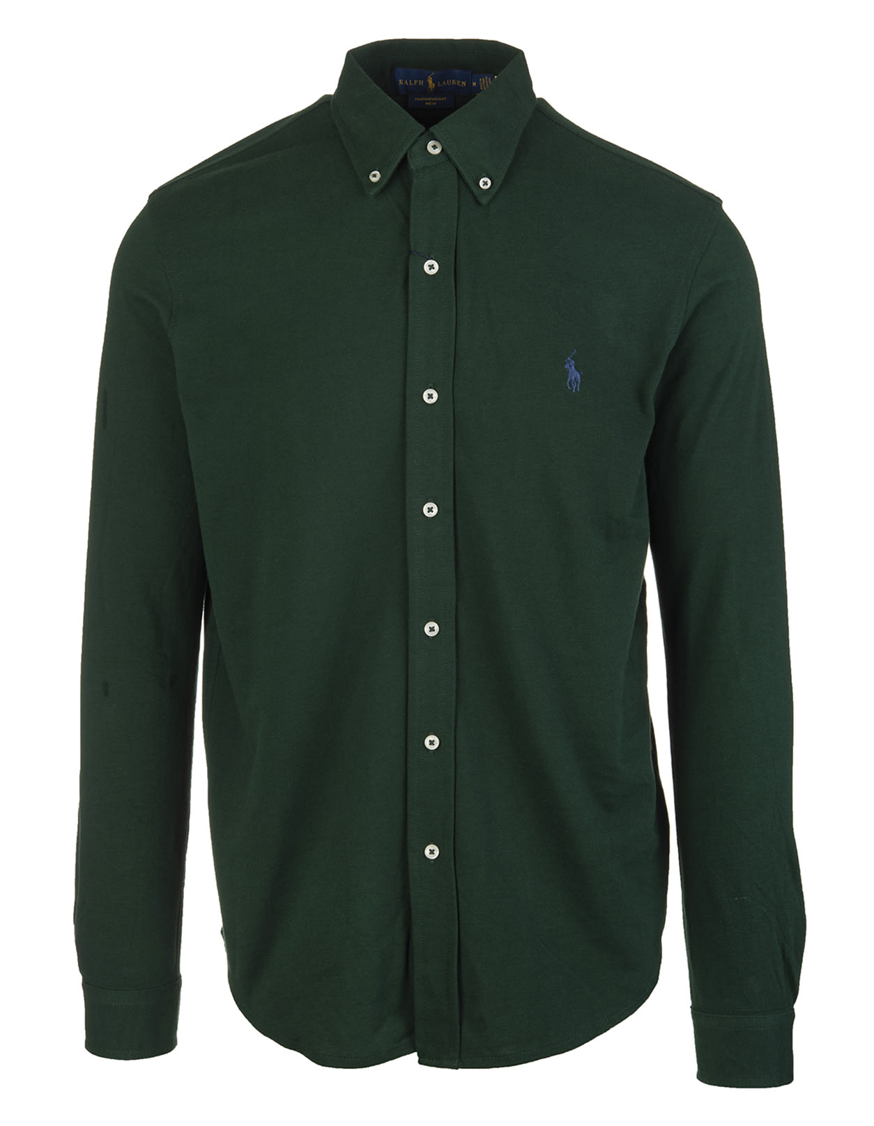 Ralph Lauren Man Forest Green Slim Fit Shirt In Ultralight Cotton Pique With Blue Pony