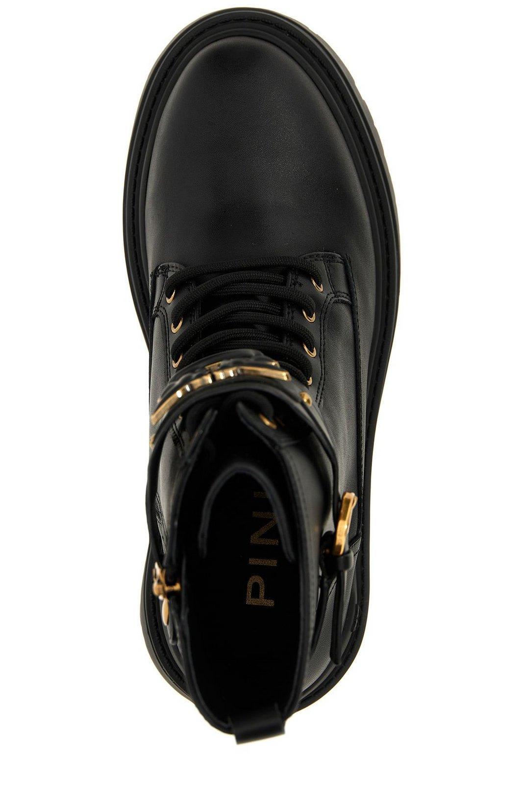 Shop Pinko Logo Plaque Combat Boots In Nero Limousine