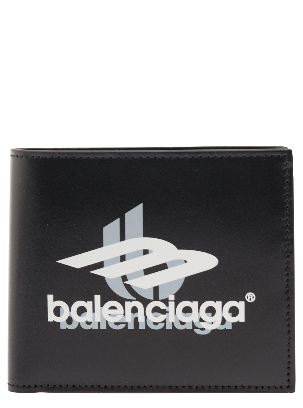 Balenciaga Black Bifold Wallet With Layered Sports Motif Print In Leather Man