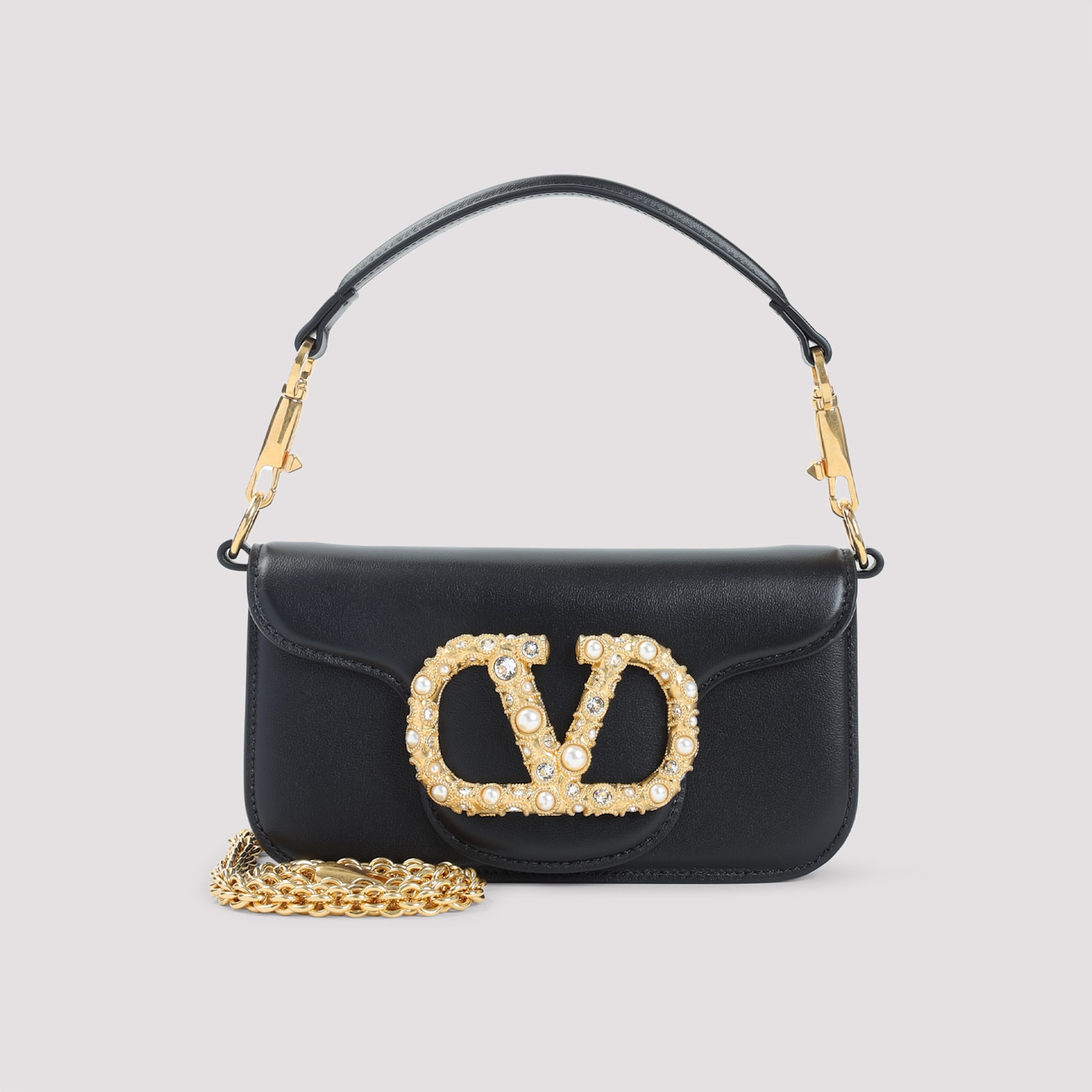 Valentino Small Leather Shoulder Bag With Crystal And Pearl Embellishments In Black