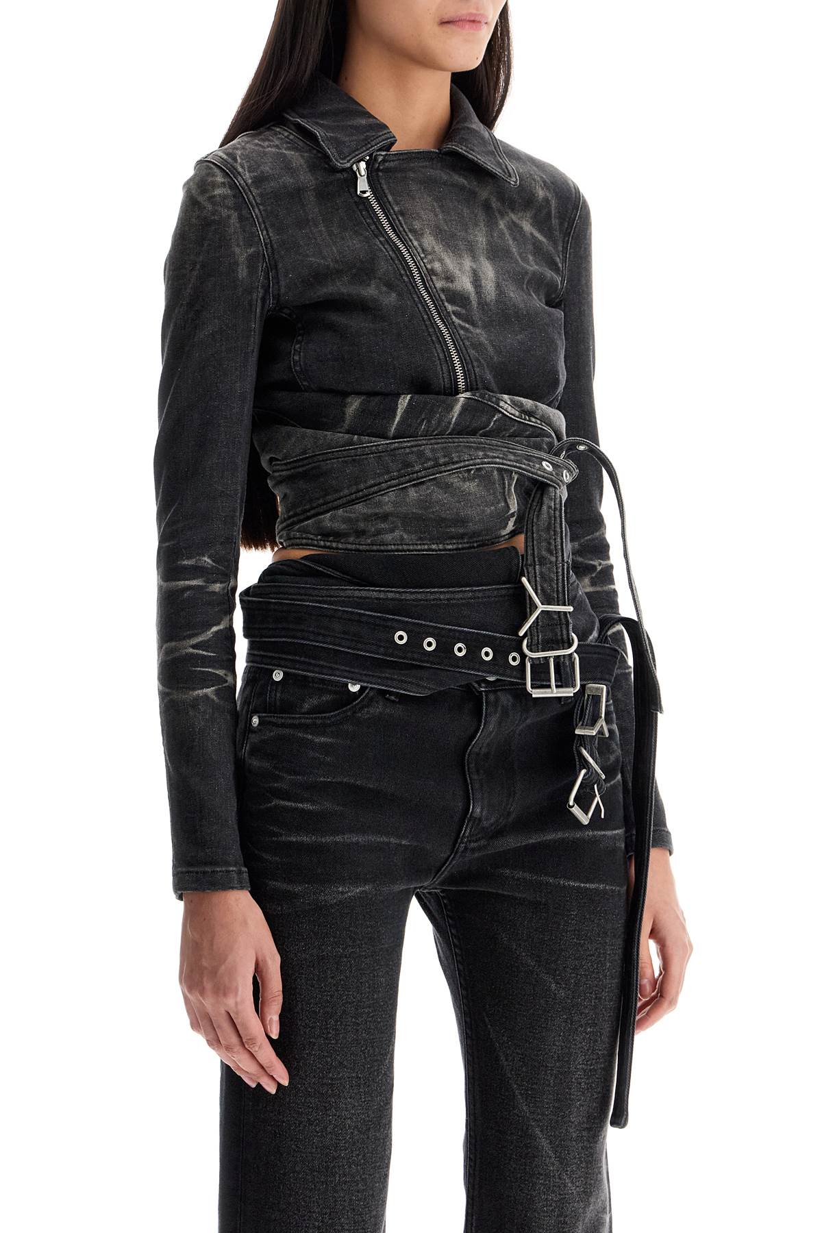 Shop Y/project Denim Jacket With Criss-cross Belt In Faded Black (black)