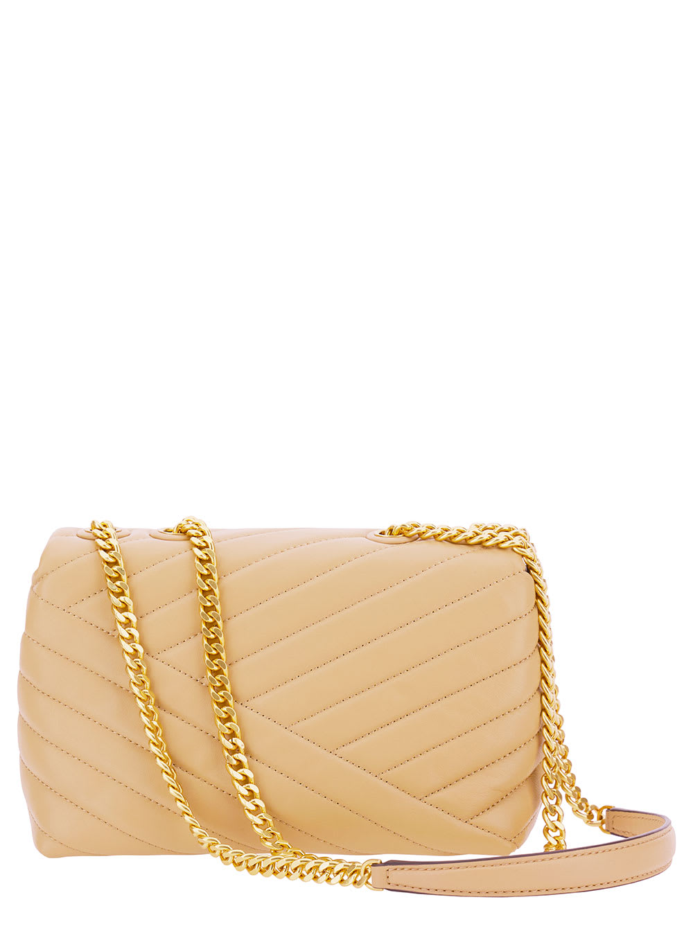 Shop Tory Burch Small Convertible Kira Beige Shoulder Bag With Logo In Chevron-quilted Leather Woman