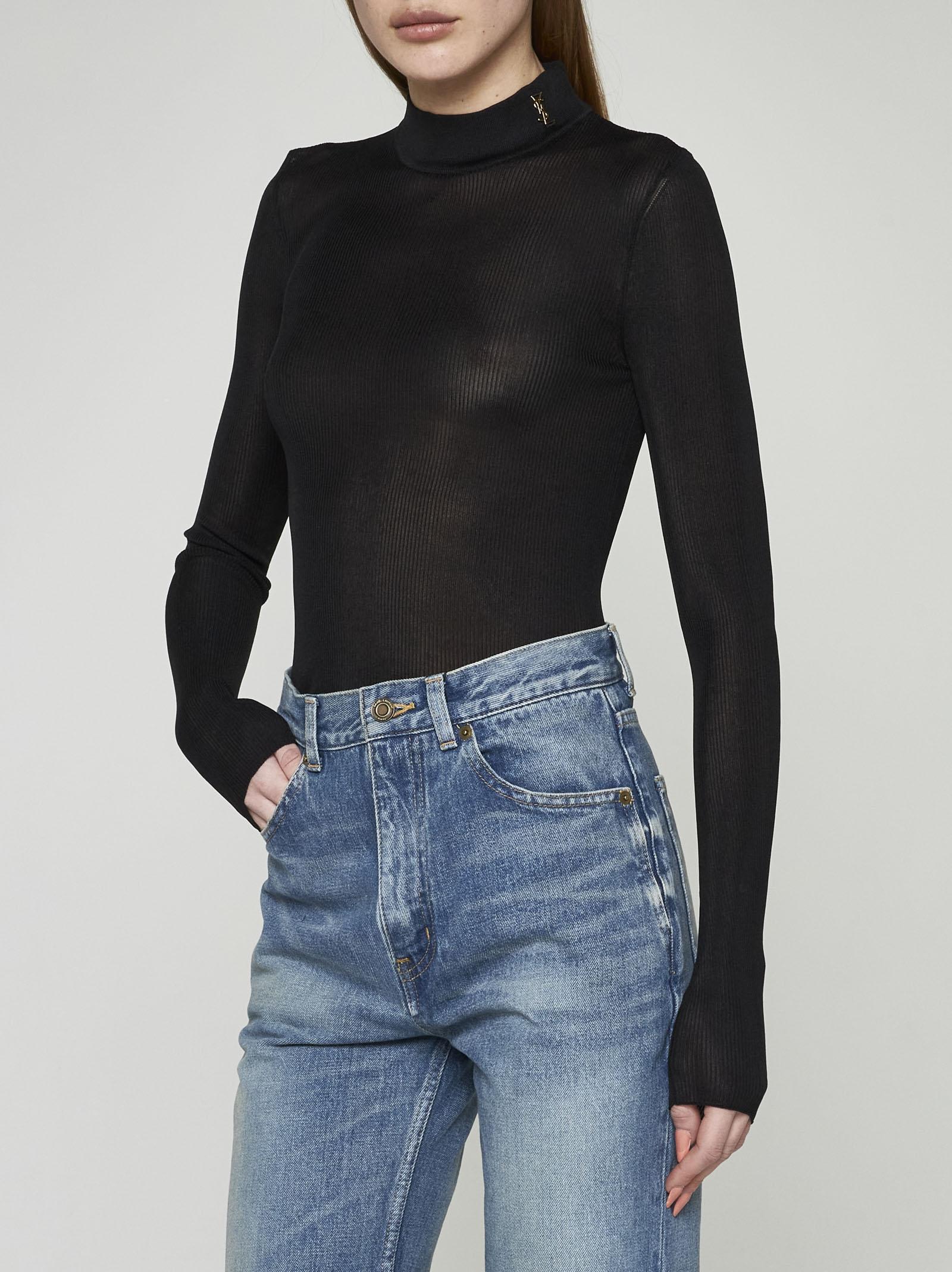 Saint Laurent Ysl Brooch Silk Top In Nero