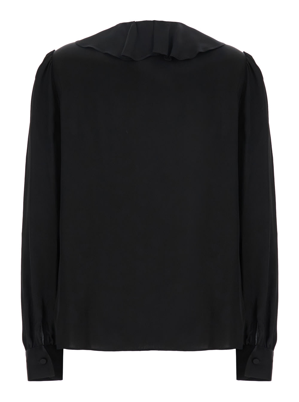 TWINSET BLACK V-NECK BLOUSE WITH RUFFLES IN ACETATE BLEND WOMAN 