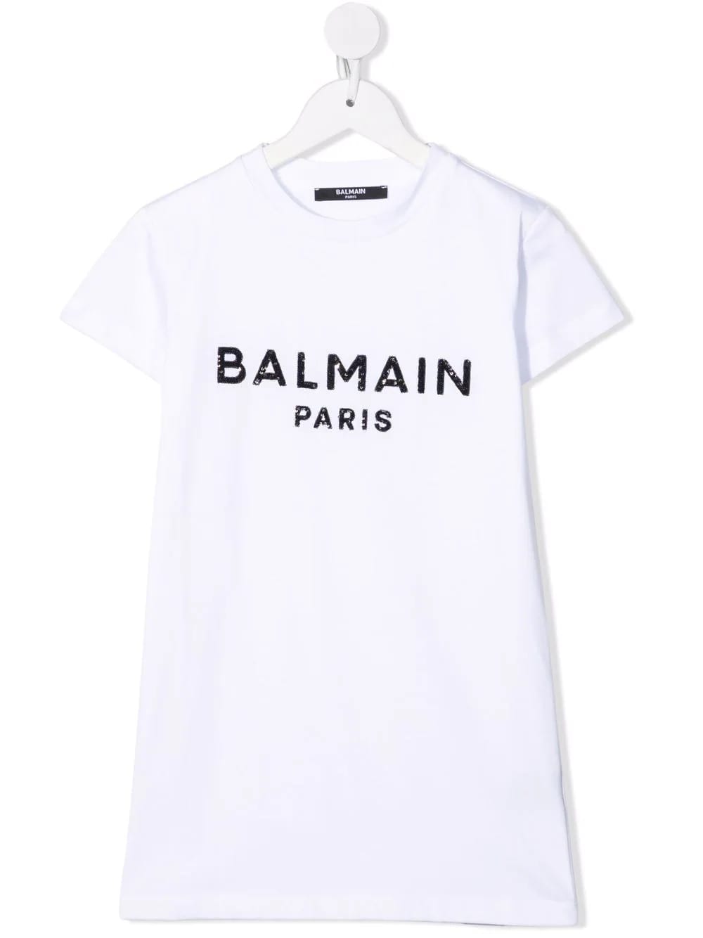 Balmain White Kids Short Dress With Black Sequins Logo